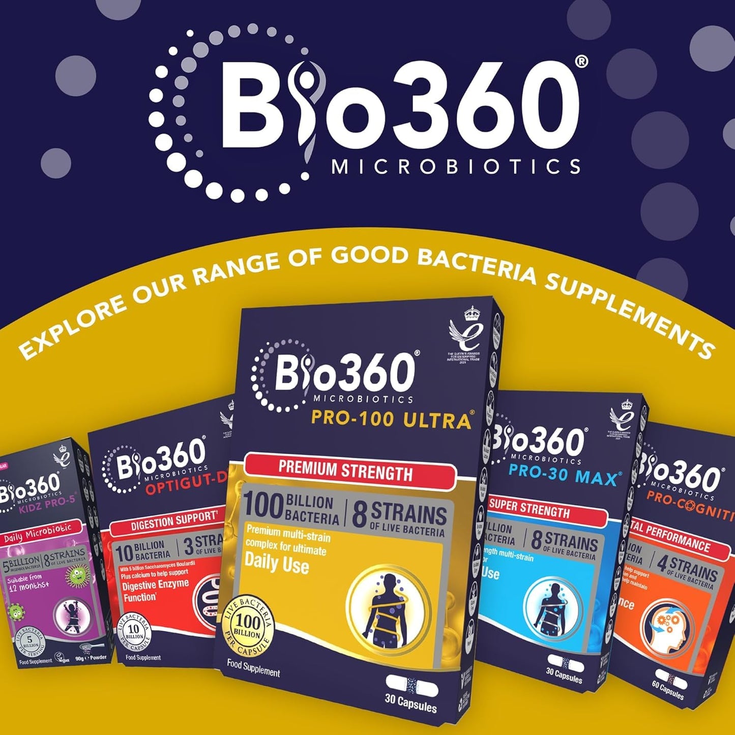 Natures Aid Bio360 Pro-100 Ultra Probiotic 100 Billion Bacteria CFU – High Strength Vegan Supplement Supports Digestive Health, Immunity, Gut Flora & Energy – Gluten-Free, Non-GMO - 30 Capsules