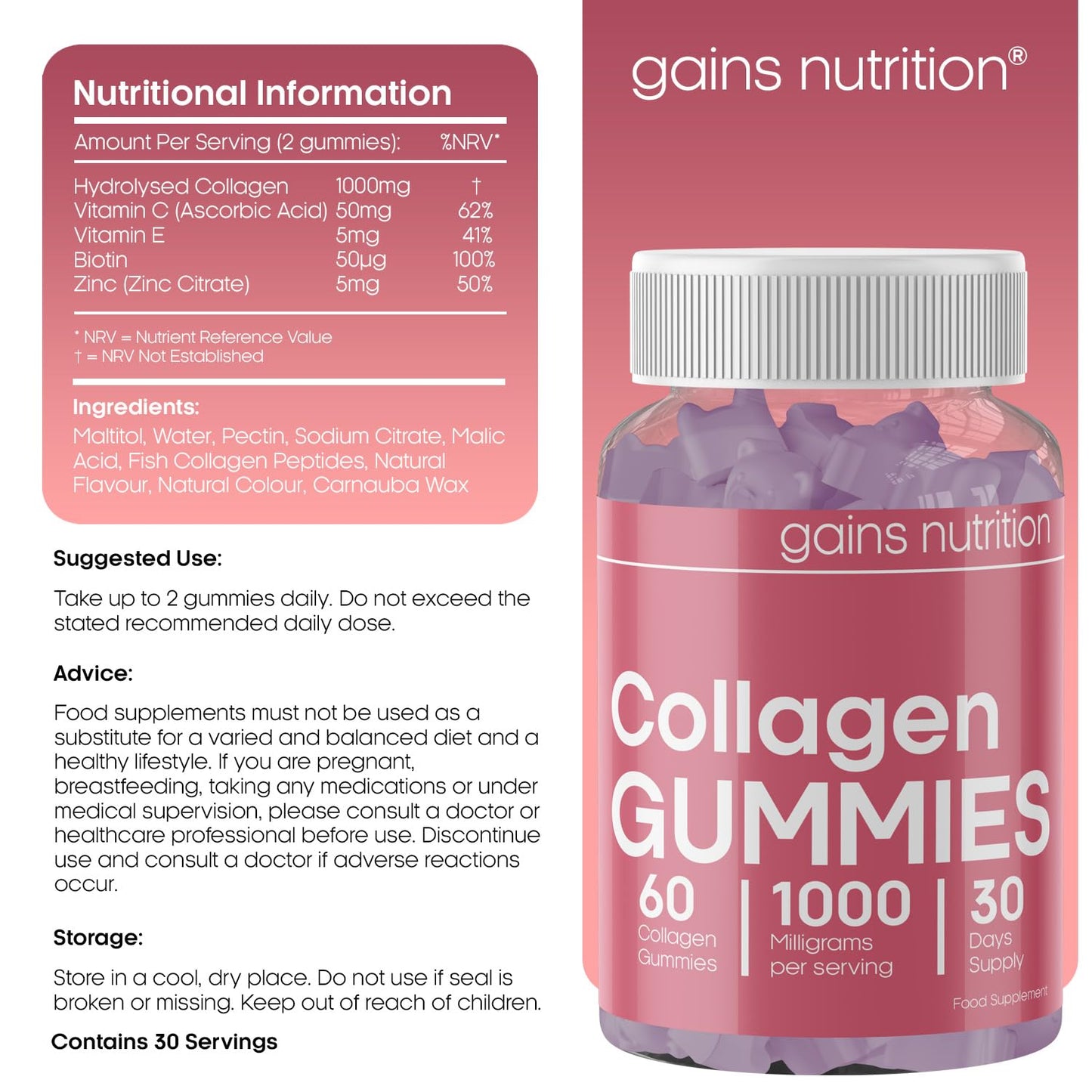 Marine Collagen Gummies High Strength with Biotin & Zinc, Type 1 Hydrolysed Collagen Peptides