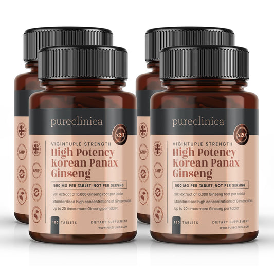 Pureclinica High Potency Korean Panax Ginseng 10,000mg x 720 Tablets (4 Bottles of 180)- 2 Years Supply