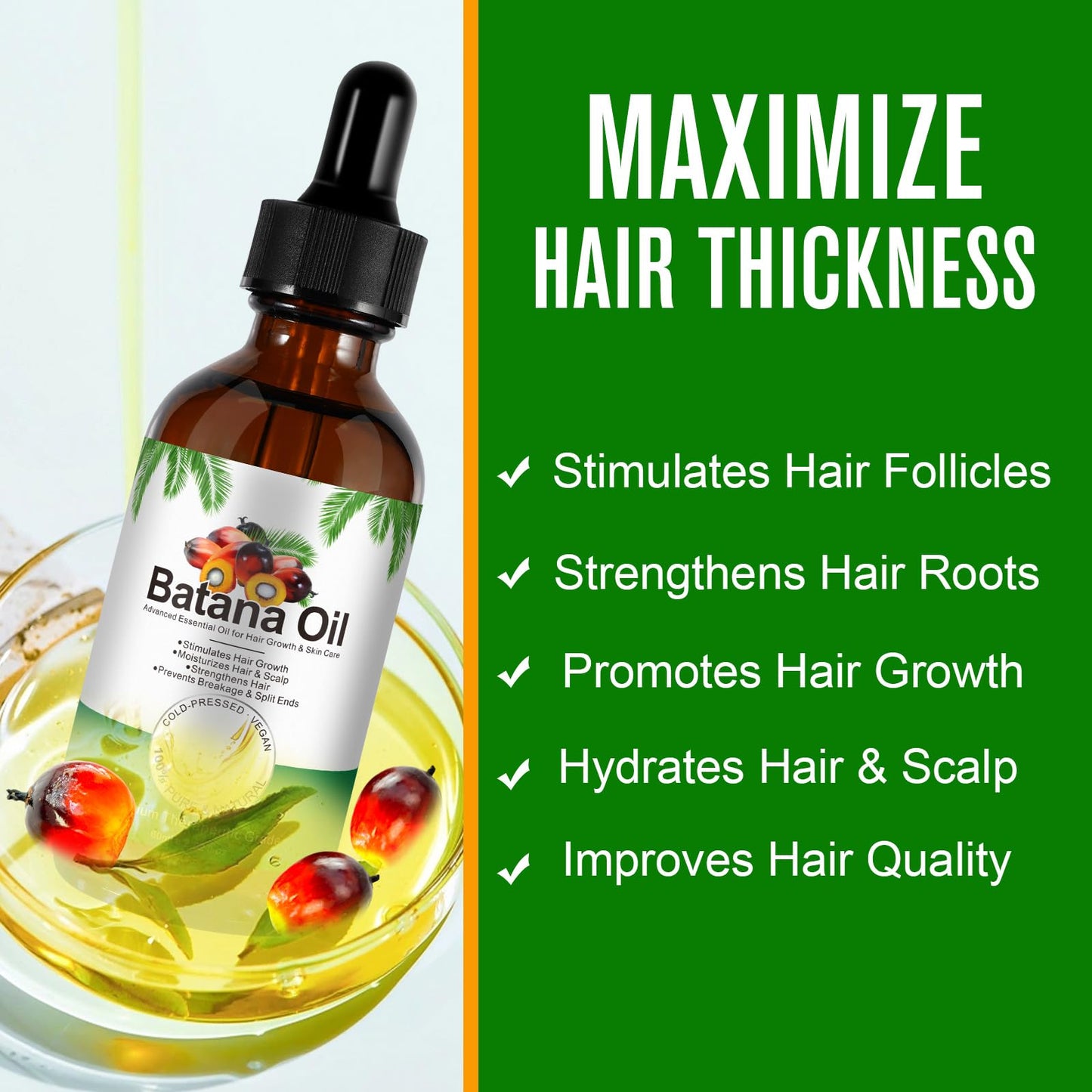 Generic 100% Pure & Natural Batana Hair Growth Oil-Eliminates Split Ends-Prevent Hair Loss-Increases Shine for Men & Women-For Thicker & Stronger Hair-Repairs Damaged Hair & Skin For Men & Women(60ml)
