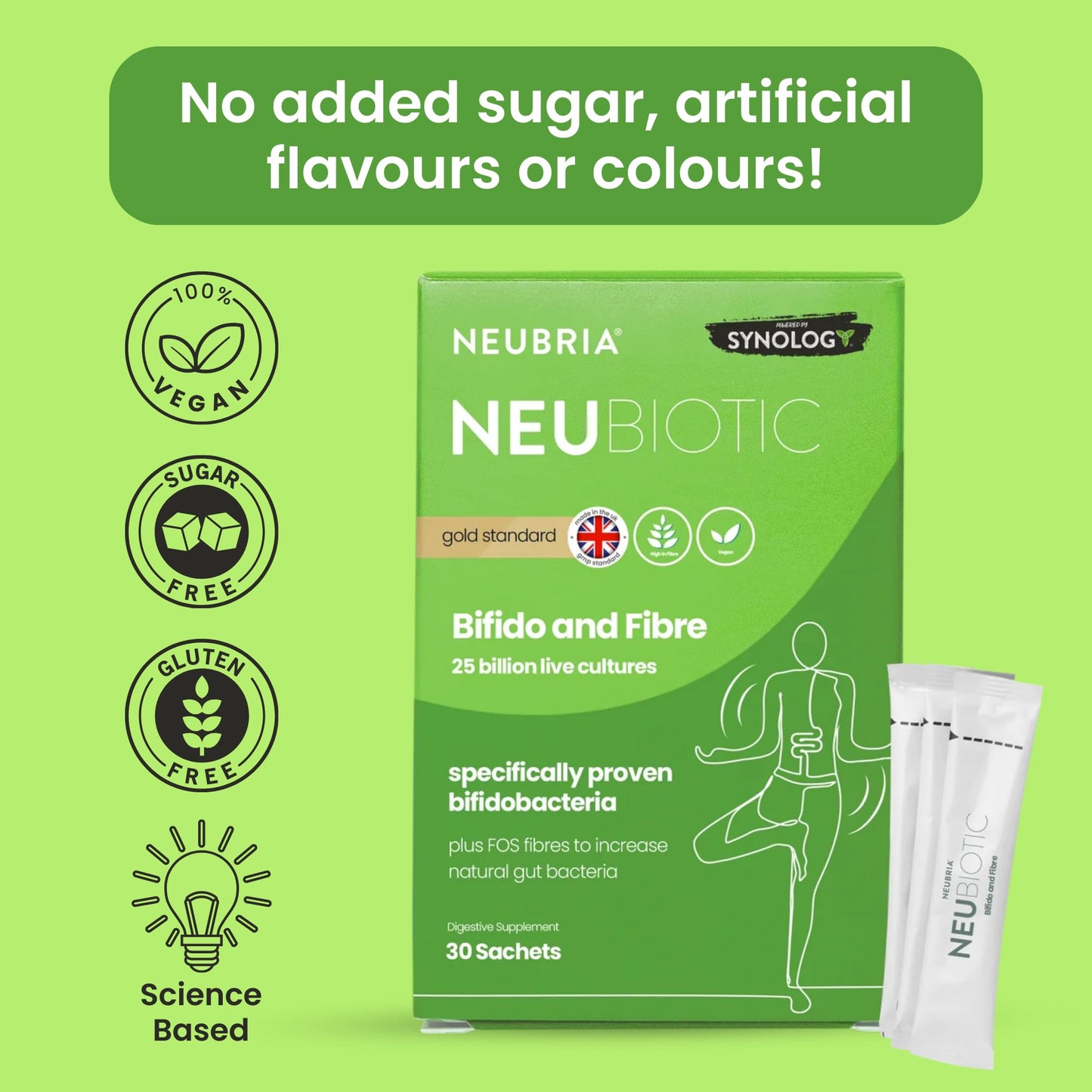 NEUBRIA NEUBIOTIC BIFIDO & Fibre - Bifidobacteria & Prebiotic Fibre Supplement for Gut Health, Digestion & Bloating Relief – 25 Billion CFU Bifidobacterium Lactis & FOS - UK Made – 30 Sachets