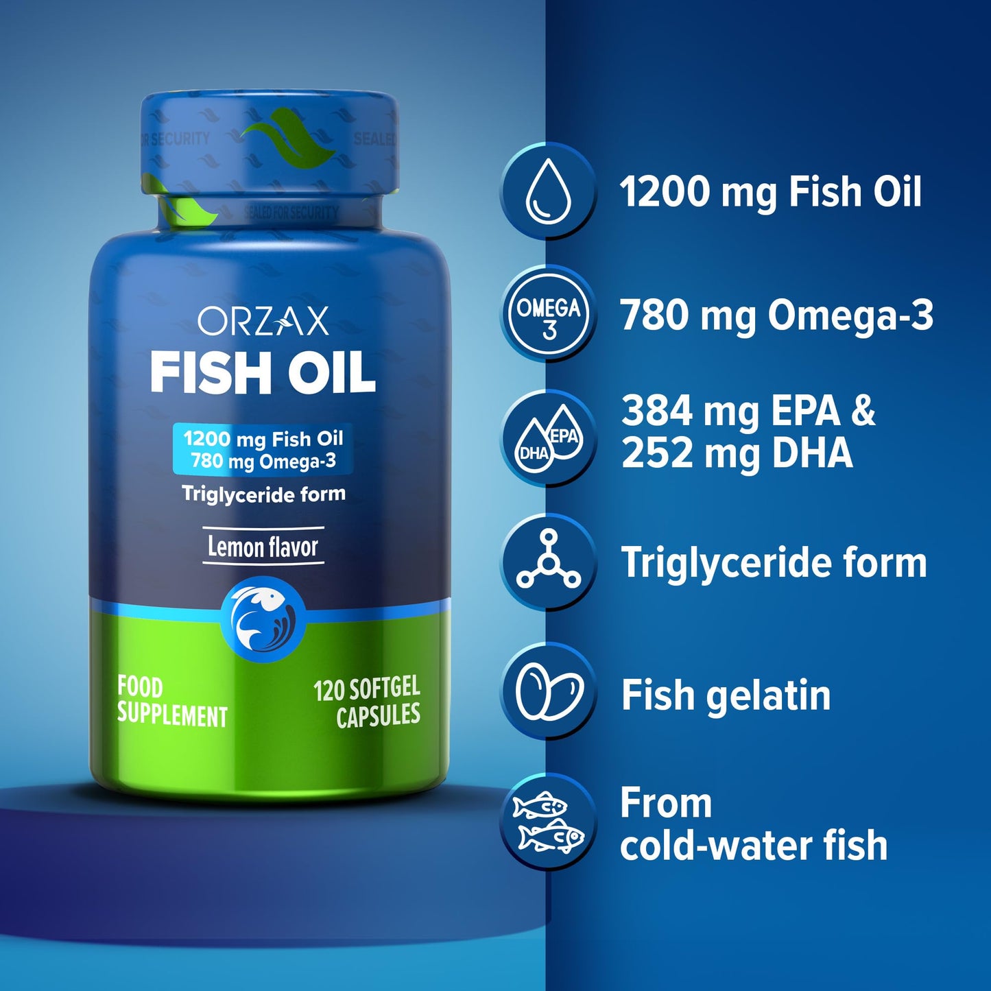 Orzax Fish Oil 1200 mg, EPA&DHA, Triglyceride Form Burpless Omega 3, Lemon Flavor, Supports Heart, Brain, Eyes, and Joints, 120 Softgels,60 Day Supply