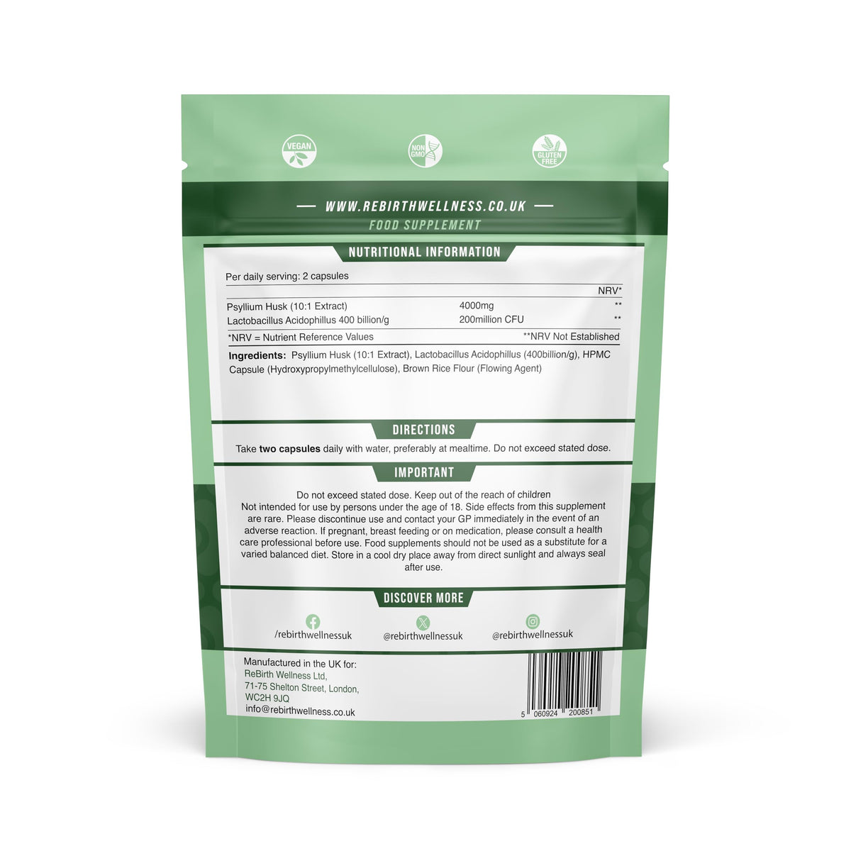 REBIRTH WELLNESS BE YOURSELF | ONLY BETTER Psyllium Husk Fibre Supplement 4000mg with Bio Culture Acidophilus – 120 Capsules, High Fiber Supplement for Digestion & Gut Health,3rd Party Lab Tested, UK Made by Rebirth Wellness