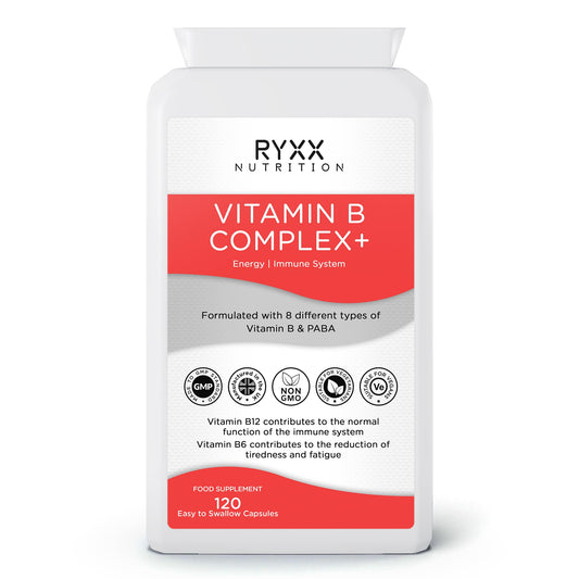 Vitamin B Complex + | 120 Vegan Capsules | High Strength & High Absorption | 8 Essential B Vitamins | Methylated with Folate, B6 & B12 | Made in The UK by RYXX