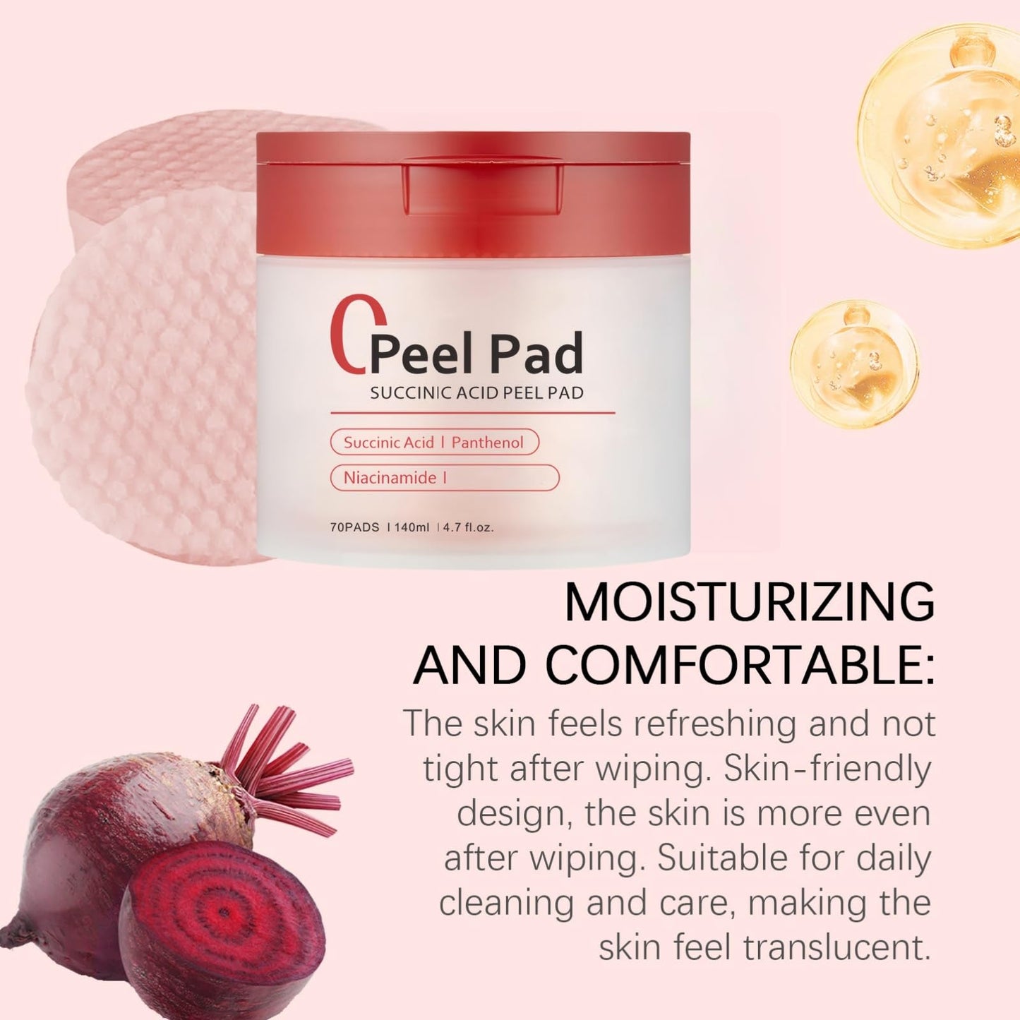 Ruojiar 70 Pads Red SUCC/inic Acid Panthe/NOL Face Exfoliator Pads,Exfoliating Toner Pa/ds for Acne Prone Skin,Zero Pore Pa/ds,for Exfoliation and Minimizing Po/res,Deep Clean Pores,Face Scrub Exfoliator