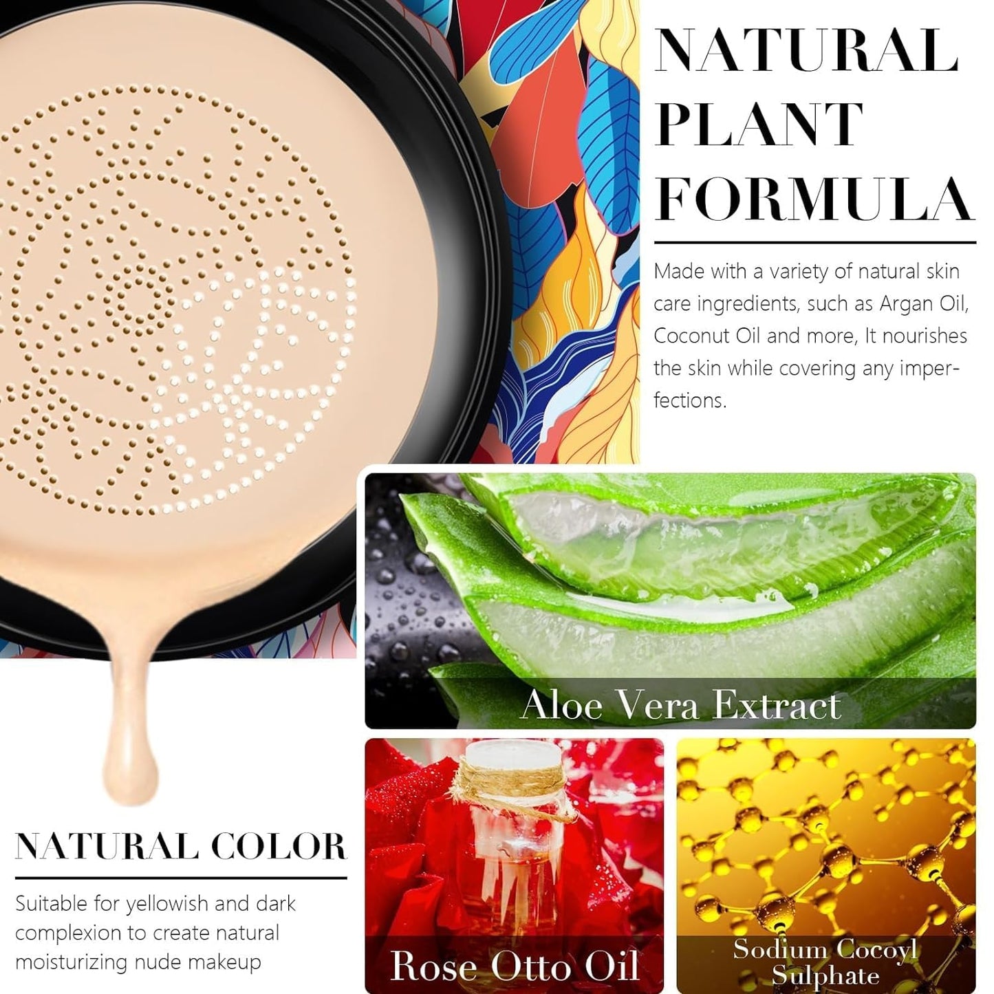 Mushroom Head Air Cushion CC Cream,Moisturizing Concealer Cream, Full Coverage Foundation,Moisturizing BB Cream Makeup Base Long Lasting with Mushroom Makeup Sponge (Natural)