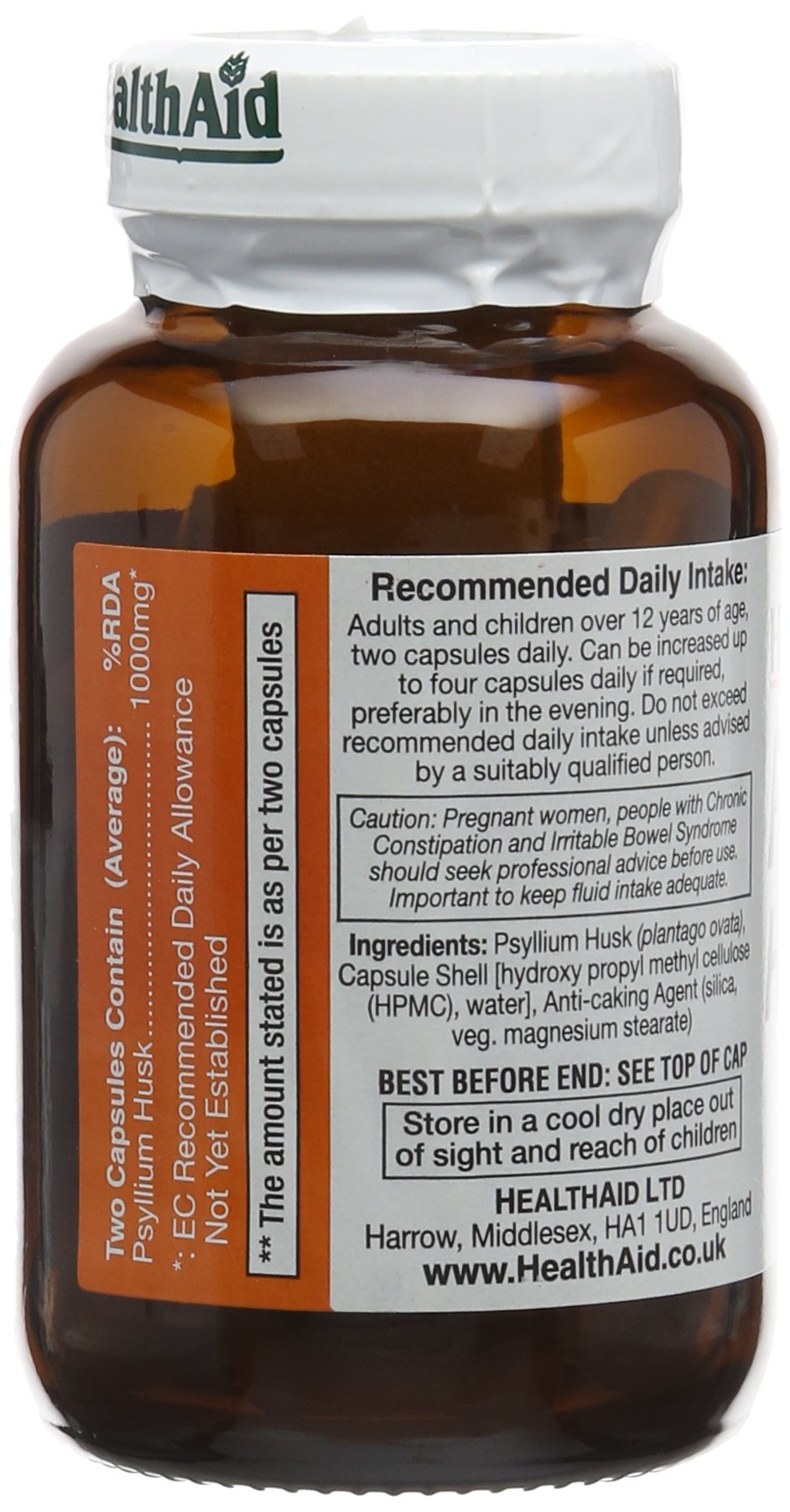 HealthAid Psyllium Husk, Fibre, 1000mg 60 Vegan Capsules