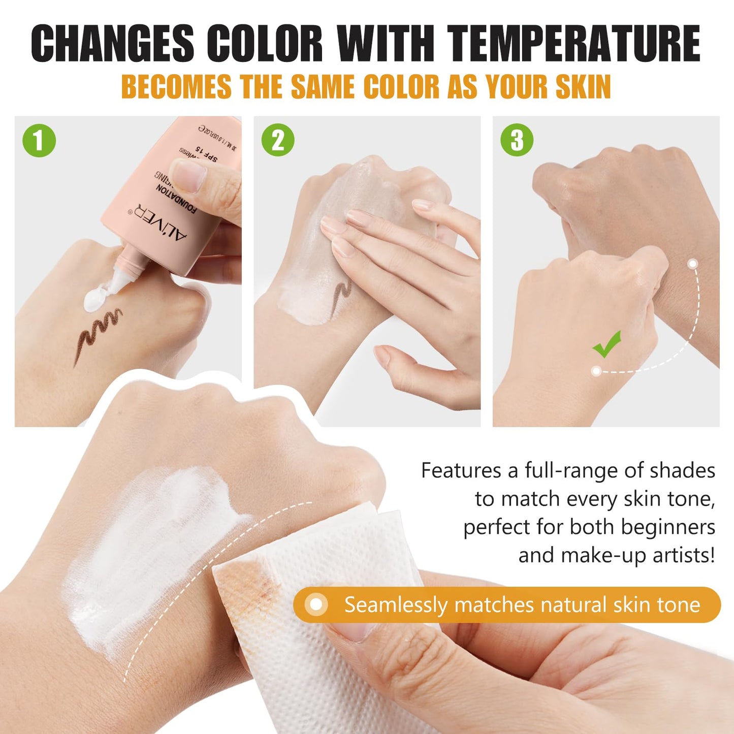4 in 1 Foundation Liquid, Colour Changing Foundation, Great for all skin types, featuring a full-range of shades for all skin tones, SPF15, Sunscreen, Non-Greasy,Long Lasting
