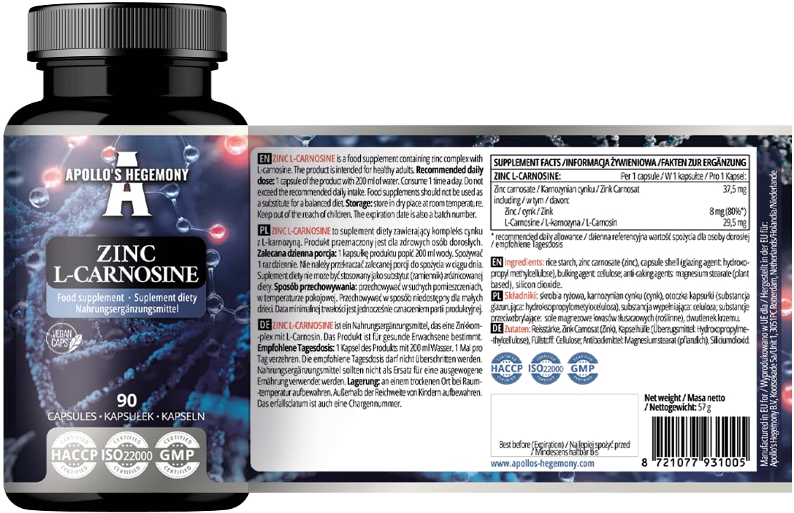 Zinc L-Carnosine 37.5 mg per Capsule - 90 Vegan Capsules - 3 Months Supply - for Skin, Hair & Nail Health - Supplement by Apollo's Hegemony
