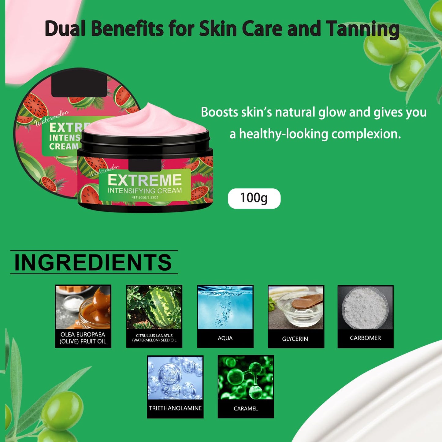 AmiCera Tanning Moisturiser, Extreme Intensifying Tanning Cream, Tanning Enhancers for Sunbed Sun Sunkissed Tan Tinted Moisturiser Body, Men & Women, Fast Absorbing Lightweight, Watermelon 100g