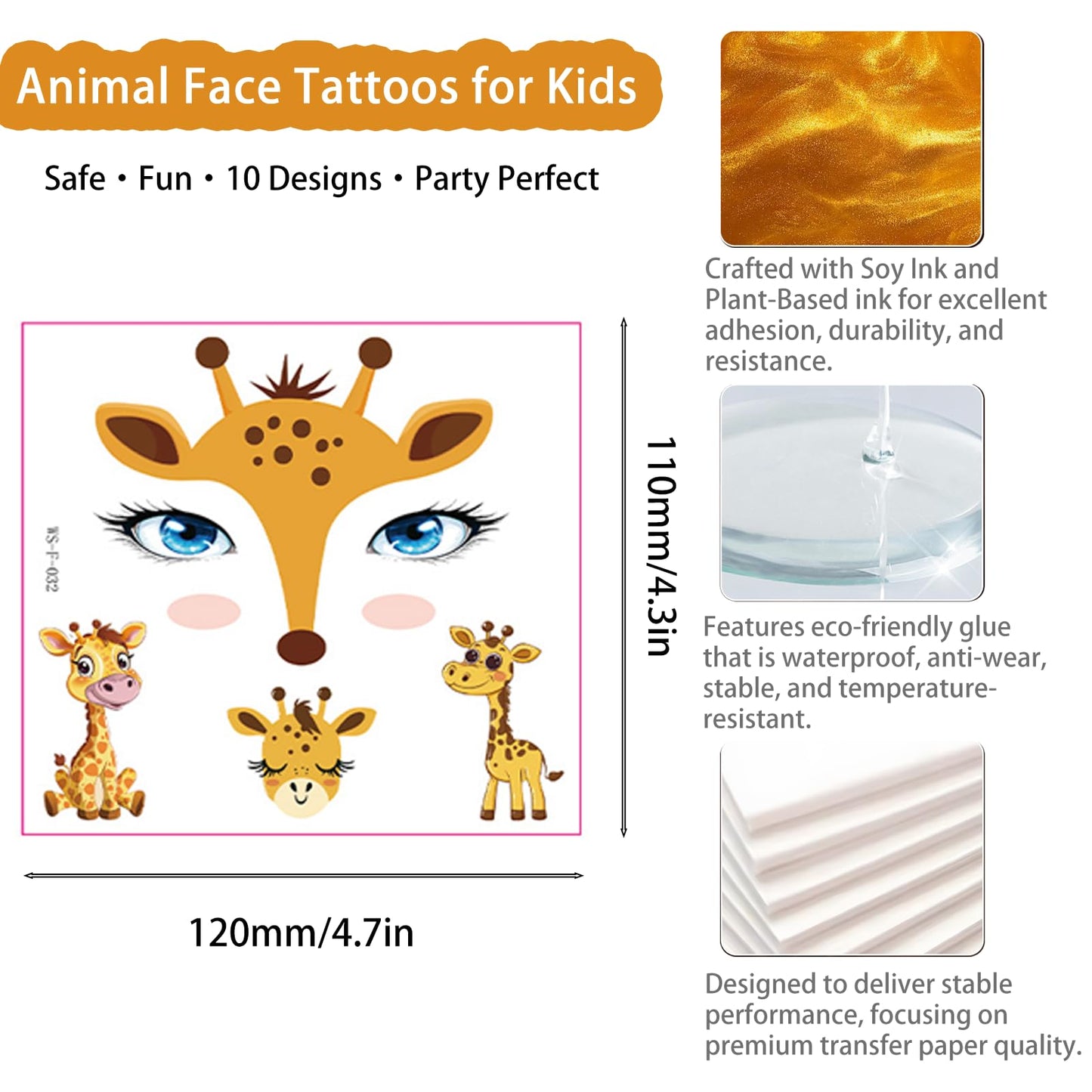 AmiCera Kids Tattoos, 10 Sheets Glitter Face Tattoos for Kids, Temporary Fake Tattoo for Party Festival Birthday, Quick Face Painting Makeup, Water Transfer, Safe & Long Lasting, Cute Animal Stickers