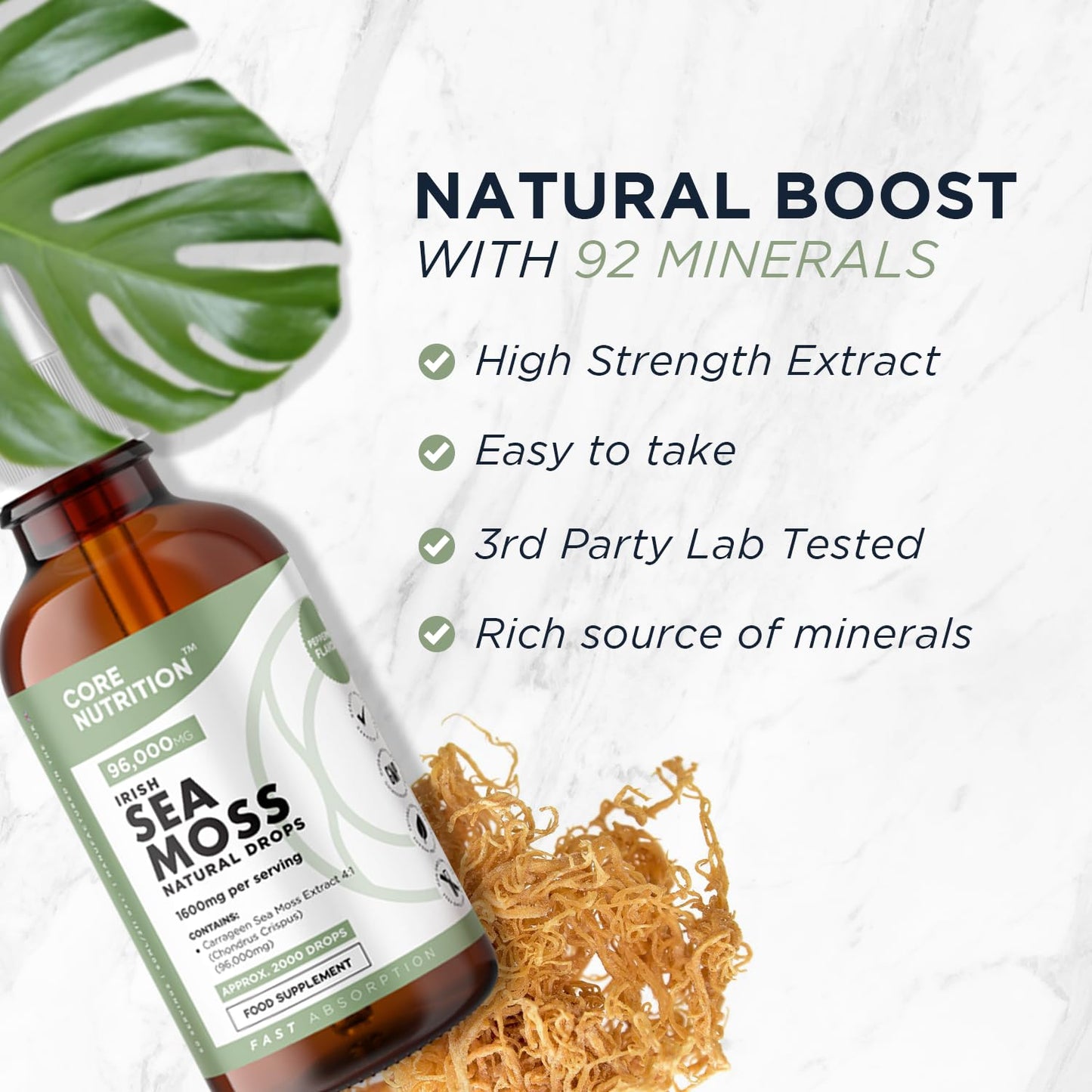 Irish Sea Moss Supplement Liquid Drops - High Strength of 96,000mg per 60ml Bottle at 4X Concentration - Vegan - 2 Month Supply of Premium Sea Moss Extract - Made in UK by Core Nutrition (Single Pack)
