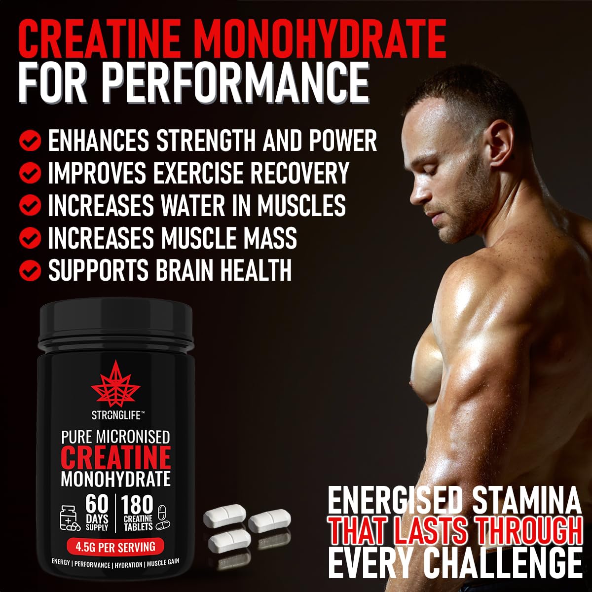 Stronglife Creatine Tablets - 180 Tablets, 4500mg Daily Serving, 1500mg per Tablet, 60-Day Supply, Monohydrate Micronised for Optimal Absorption, Boosts Muscle Growth, Performance, Energy & Hydration