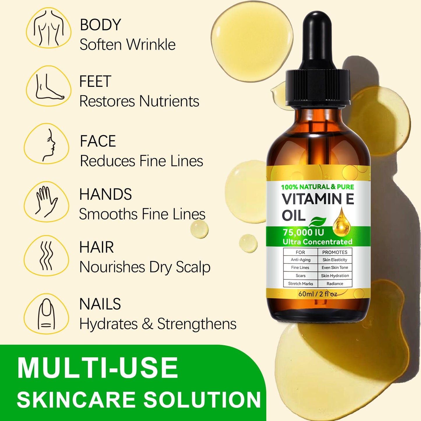 100% Pure Vitamin E Oil for Skin, Hair & Face, Body Bath Oils Moisturizing Dry Skin, Easy to Absorb, Non-GMO & Vegan, 2Fl Oz