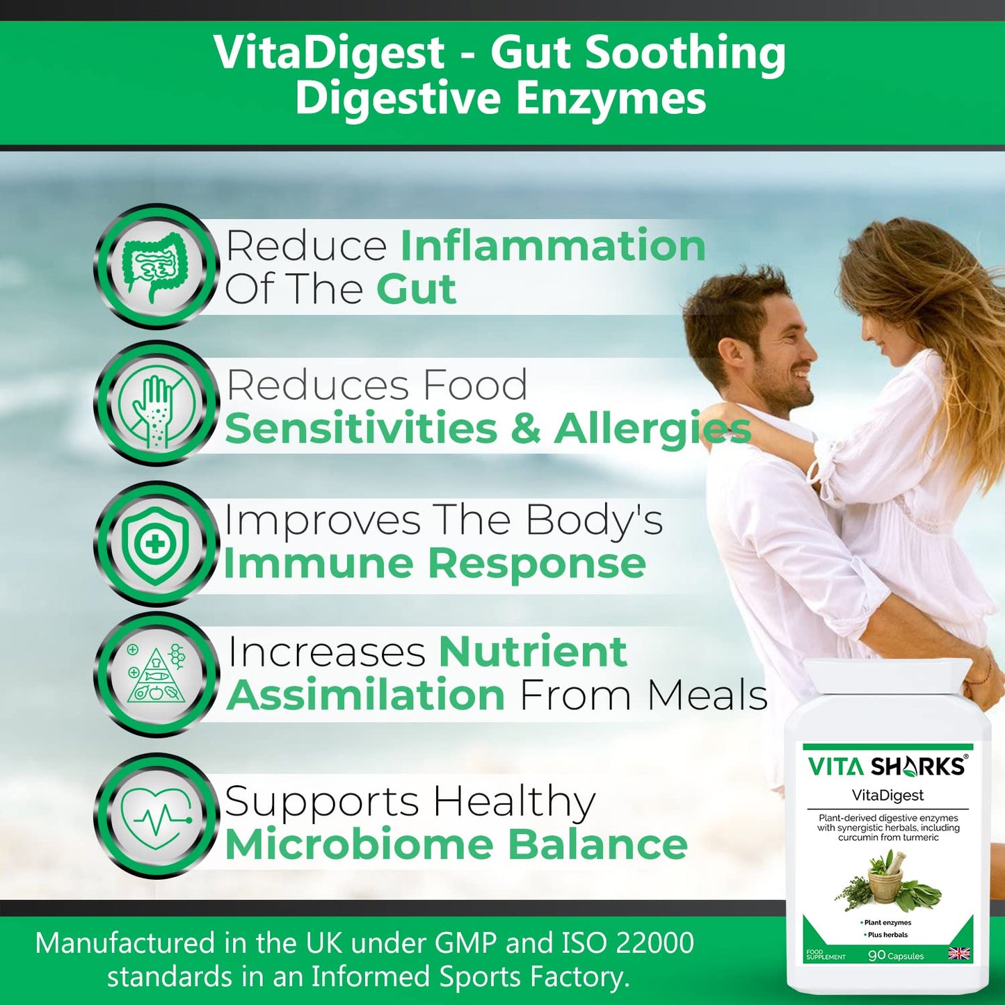 Vita Sharks VitaDigest Vegan 90 Capsules. Natural Gut Soothing Digestive Enzymes, Curcumin & Turmeric; for Gut Cleansing, Immunity & to Combat Bloating, Bowel & Digestion Issues