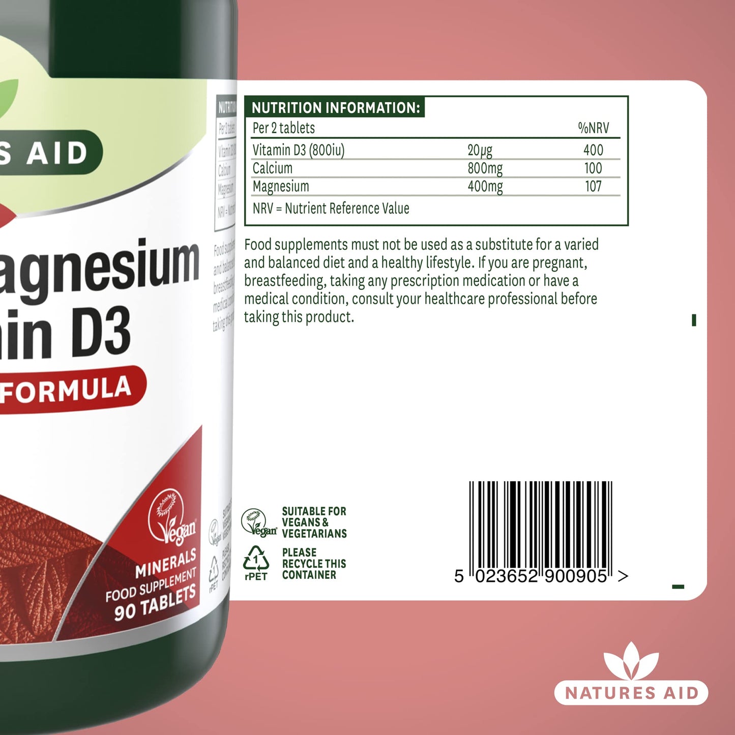 Natures Aid Calcium Magnesium & Vitamin D3 - Supports Bones Teeth Muscle Function & Immunity Supplement - High Potency Calcium Absorption and Immune Health - Vegan, Non-GMO, Gluten-Free - 90 Tablets