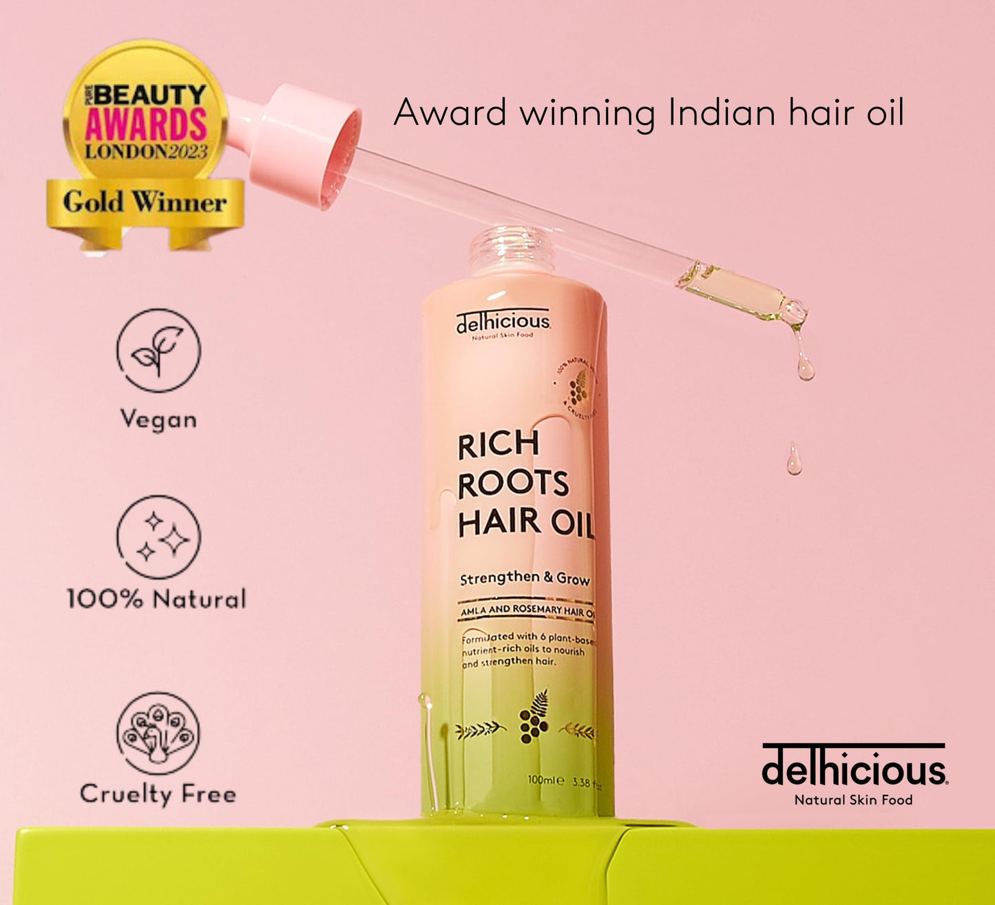 Delhicious Mini Rich Roots Amla & Rosemary Hair Oil. Strengthen & Grow. Pure Indian Amla Oil. 100% Natural. Award-winning.