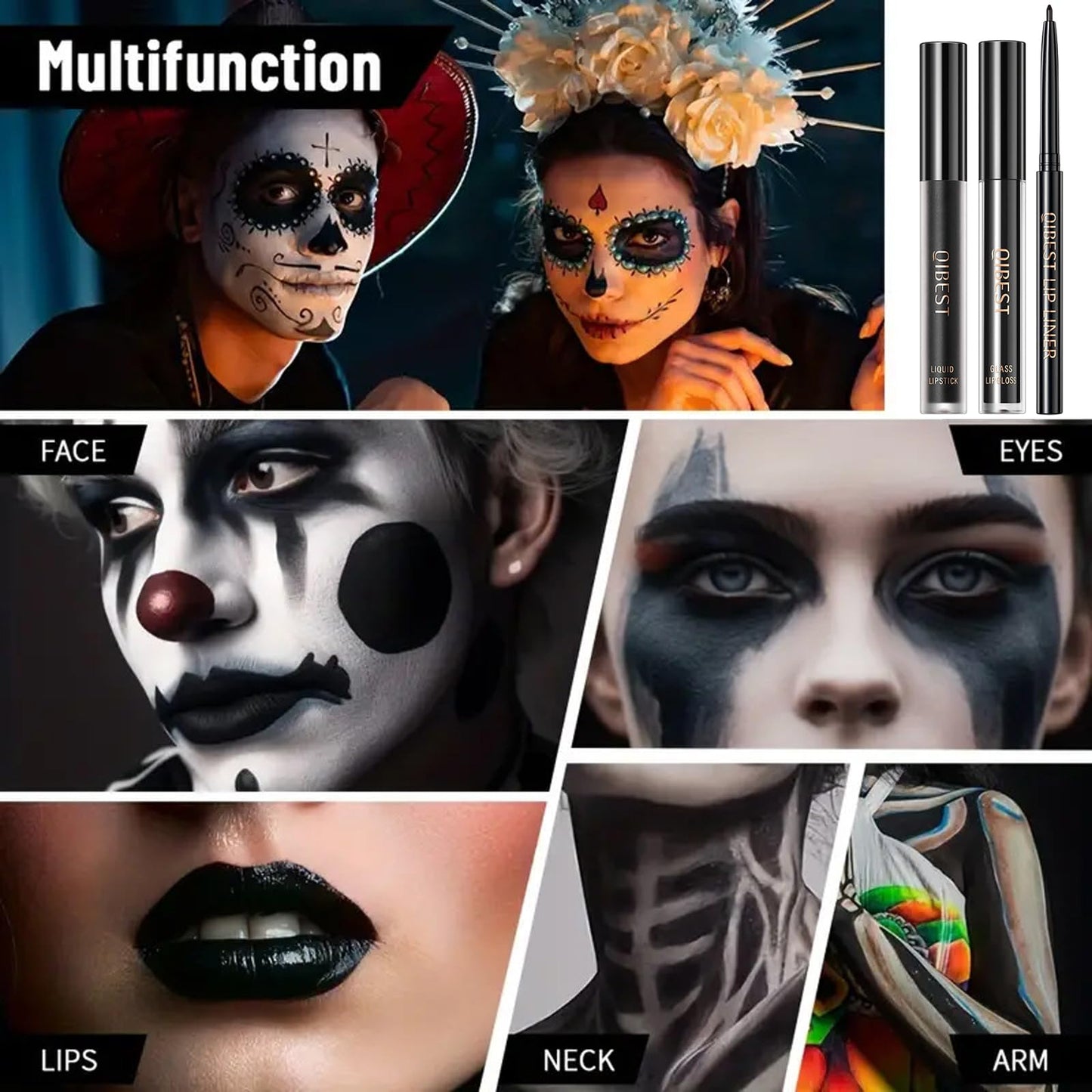 Shengqialun 3PCS Black Matte Liquid Lipstick, Lip Liner and Lipstick Set, Black Lip Gloss, Long-Lasting Velvety Lipstick One-Step Lip Makeup Set for Daily Makeup Goth Makeup and Holiday