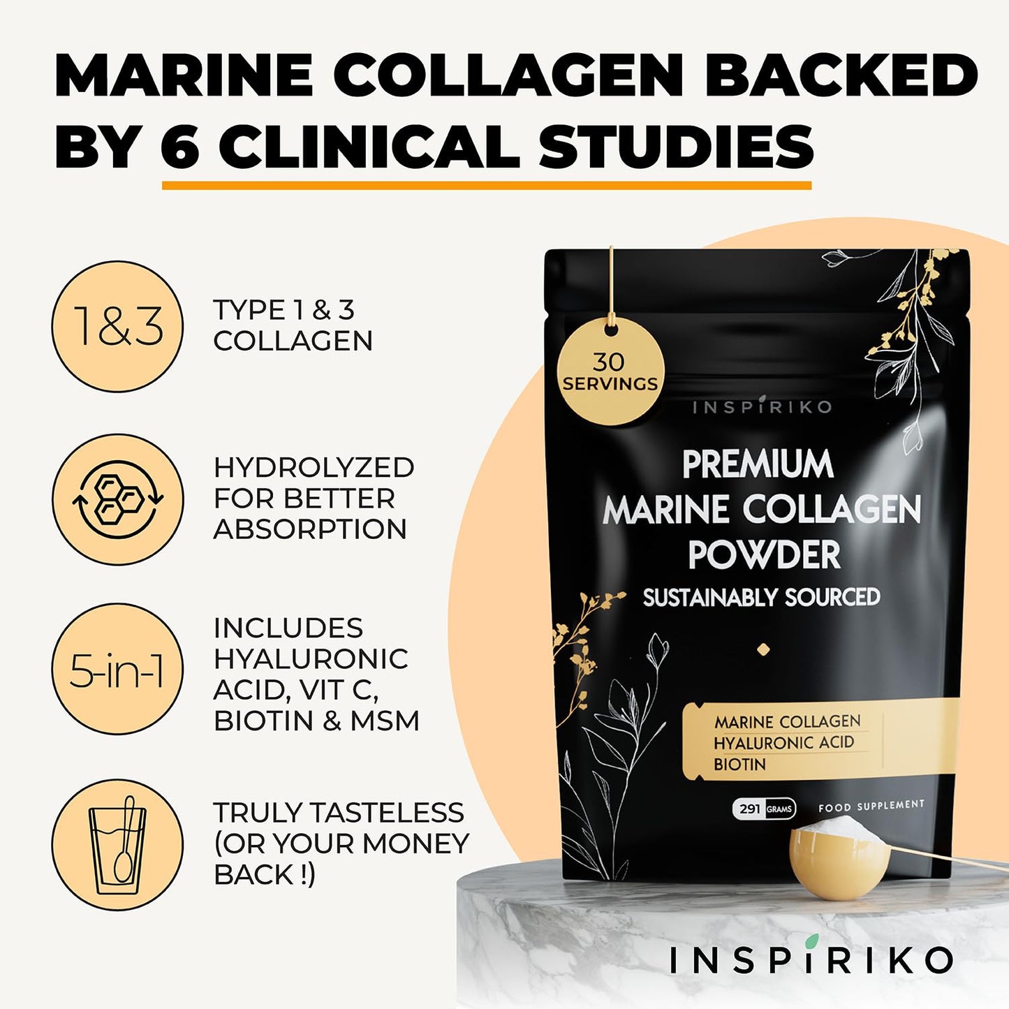 Inspiriko Marine Collagen Powder for Women - Marine Collagen with Hyaluronic Acid, Vitamin C, Biotin & MSM. Hydrolyzed Collagen Peptides Powder. 30 Servings