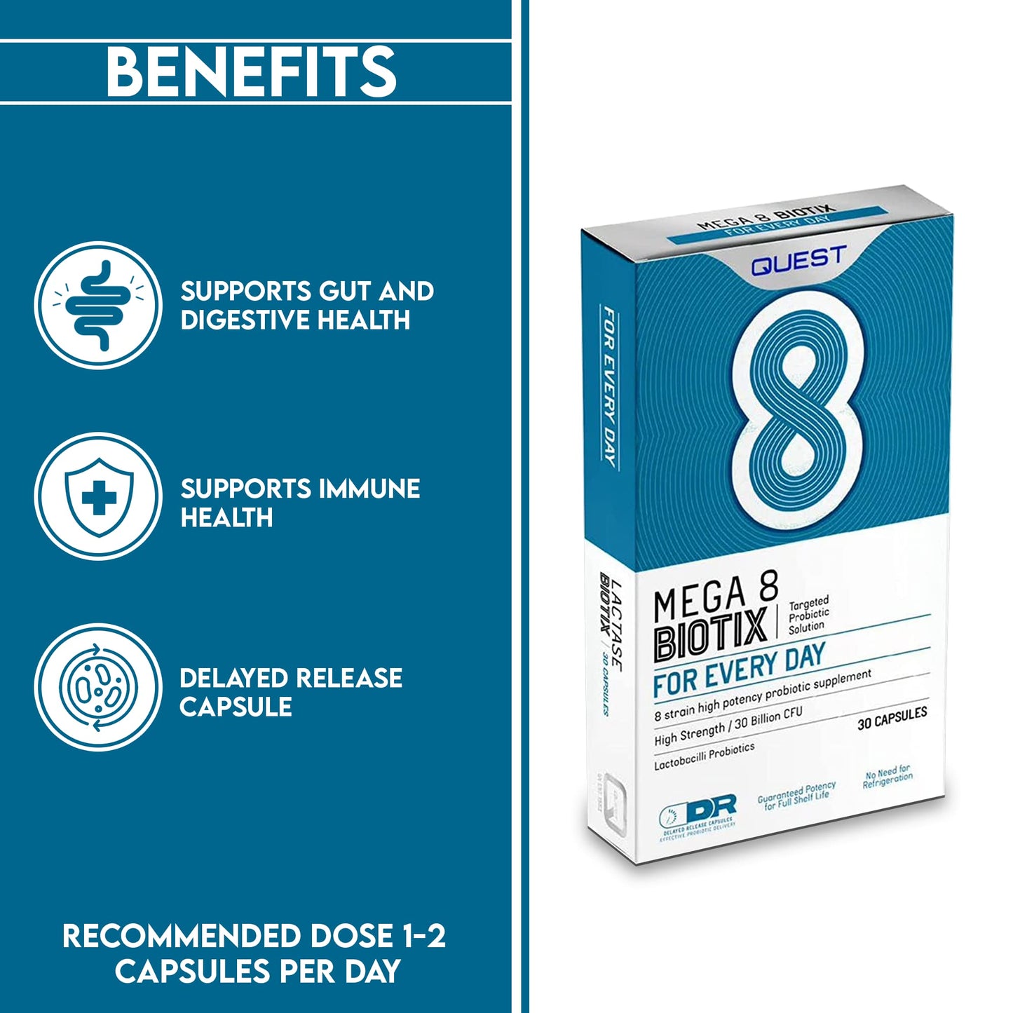 Quest Mega 8 Biotix Probiotic Capsules 30 Billion CFU for Immune & Digestive Support. Helps Restore Gut Friendly Bacteria & Regulate Immune Responses. (30 Capsules x 2 Pack)