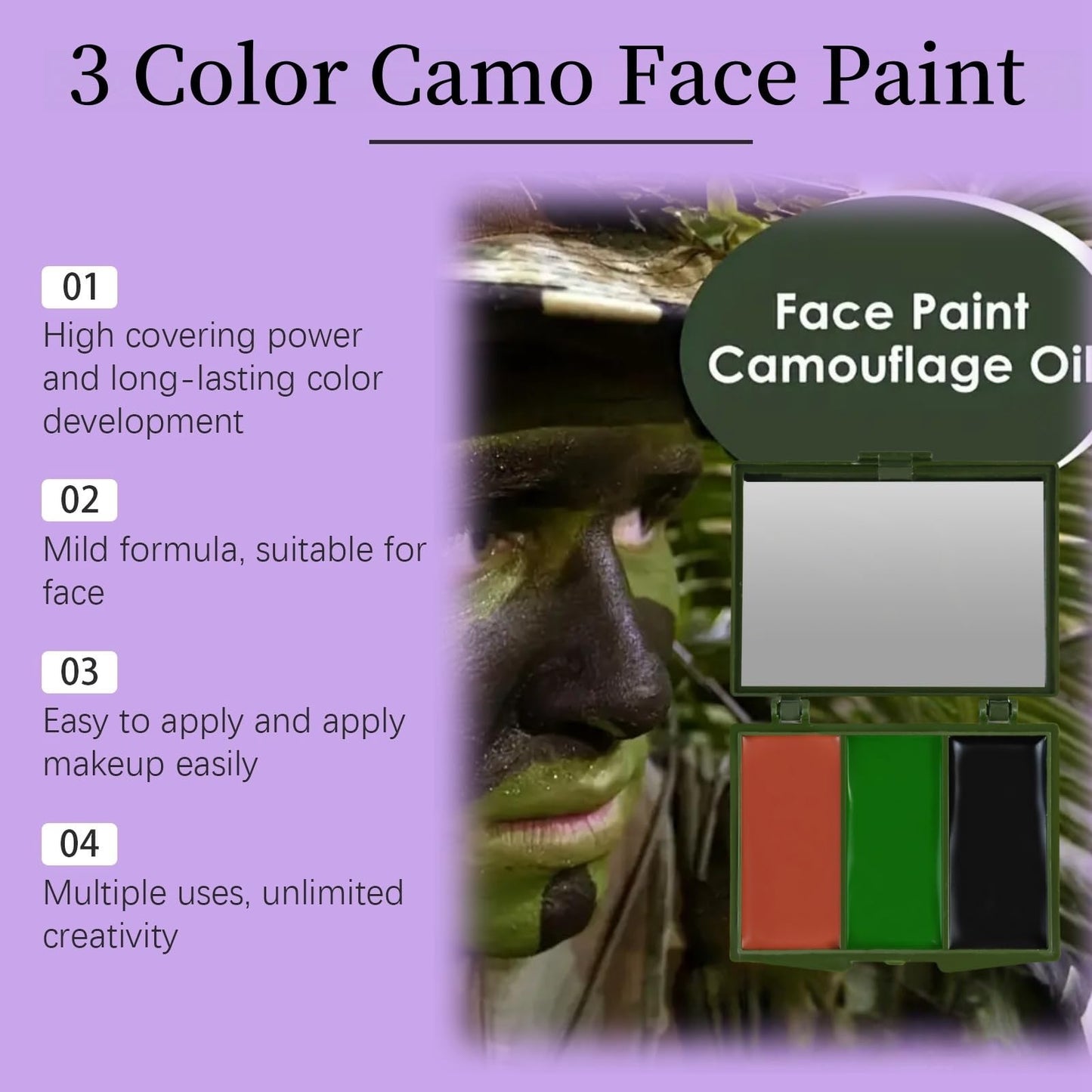 Siyinzu 3 Color Camo Face Paint,Eye Body Face Camo Paint,Camouflage Hunting Face Paint,Camo Face Paint,Camo Face Paint Stick Set,Face Paint Kit,Camouflage Face Paint,Camouflage Makeup(Green, Black,Brown)