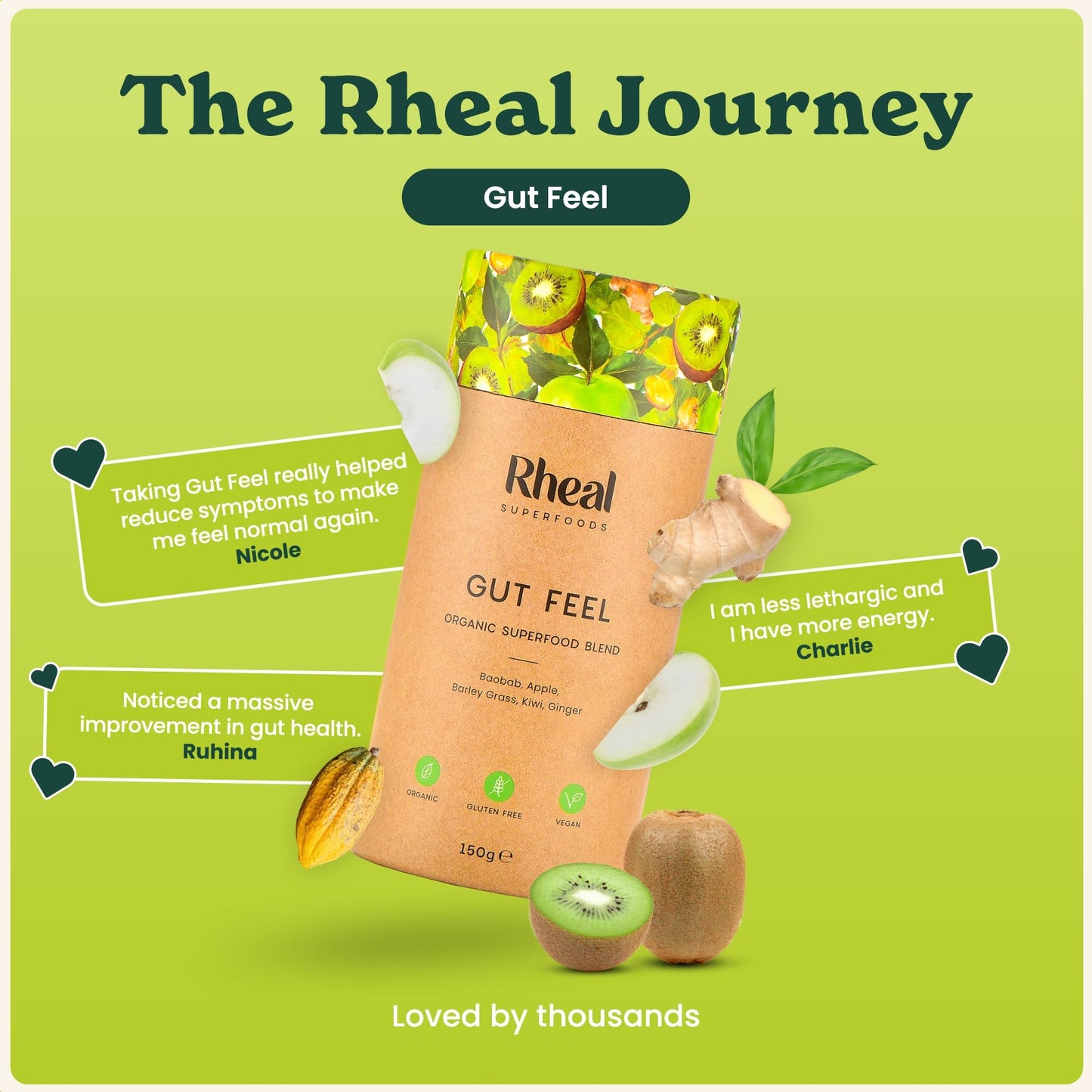 Rheal Gut Feel 150g | 30 Servings | Supports Digestion & Gut Health| Source of Fibre | 600mg Actazin Kiwi | Organic Superfoods with Ginger & Baobab | Certified B Corp