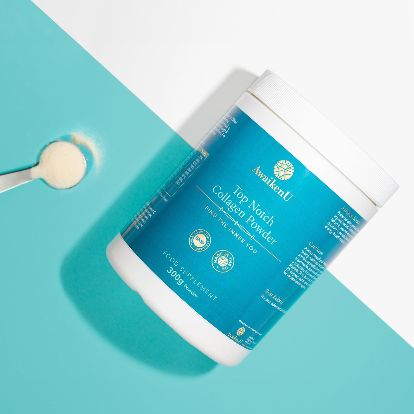 AwaikenU High Strength Marine Collagen Powder with Hyaluronic Acid, Vitamin C, Riboflavin, Biotin and Niacin, 30 Servings, for Healthy Skin. Nails, Hair and Joints. Unflavoured. Made in UK to GMP Standards.