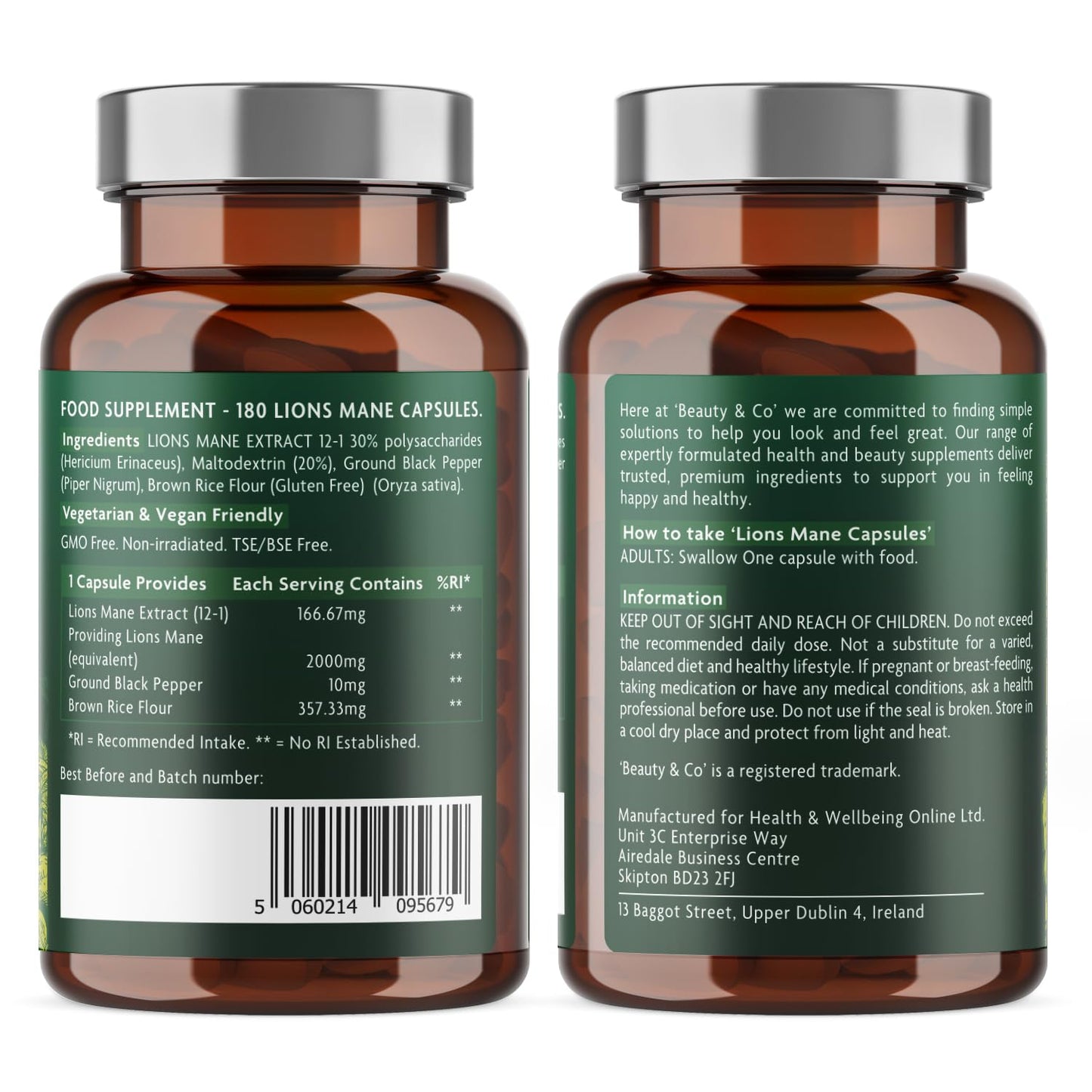 Lions Mane 2000mg with Black Pepper 180 Capsules - 6 months supply of High Strength Lions Mane from Beauty & Co Brand, 1 Capsule = 1 Serving, Vegan, Made in The UK.