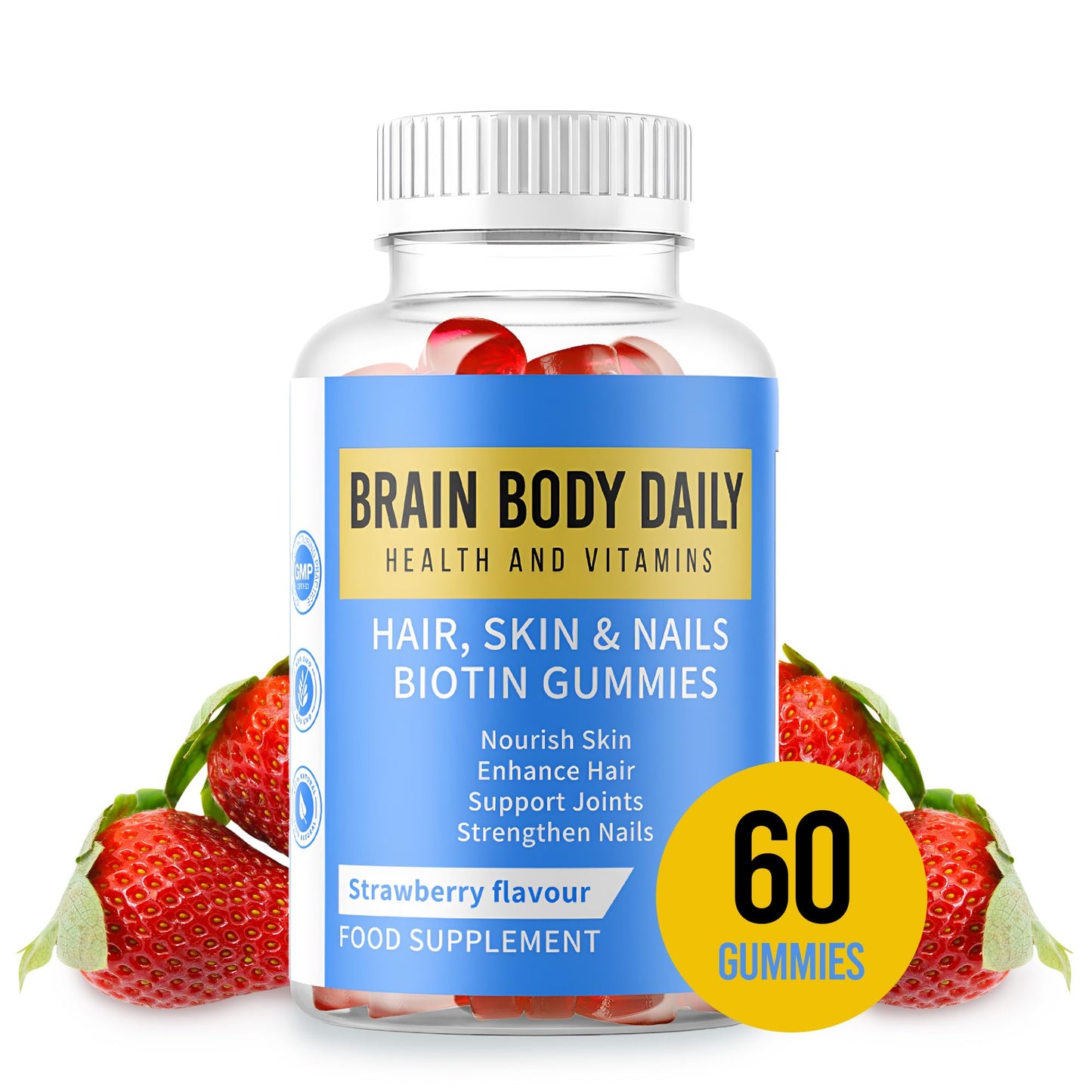 Brain Body Daily Hair, Skin and Nails Vitamin Gummies with Biotin, Vitamin C and E, Collagen - Biotin Gummies for Hair Growth 60 Gummies. Promotes Thicker Hair, Reduces Breakage, Stronger Nails and Glowing Skin.