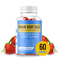 Brain Body Daily Hair, Skin and Nails Vitamin Gummies with Biotin, Vitamin C and E, Collagen - Biotin Gummies for Hair Growth 60 Gummies. Promotes Thicker Hair, Reduces Breakage, Stronger Nails and Glowing Skin.