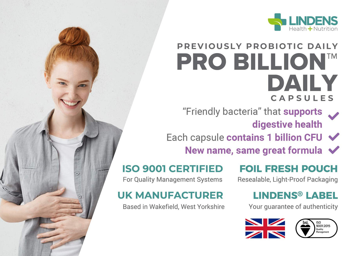 Lindens Pro Billion Daily - Acidophilus Lactobacillus - 120 Capsules - 1 Billion CFU Friendly Bacteria - Supports Digestive Health - UK Made - Vegan Friendly - GMP & Letterbox Friendly