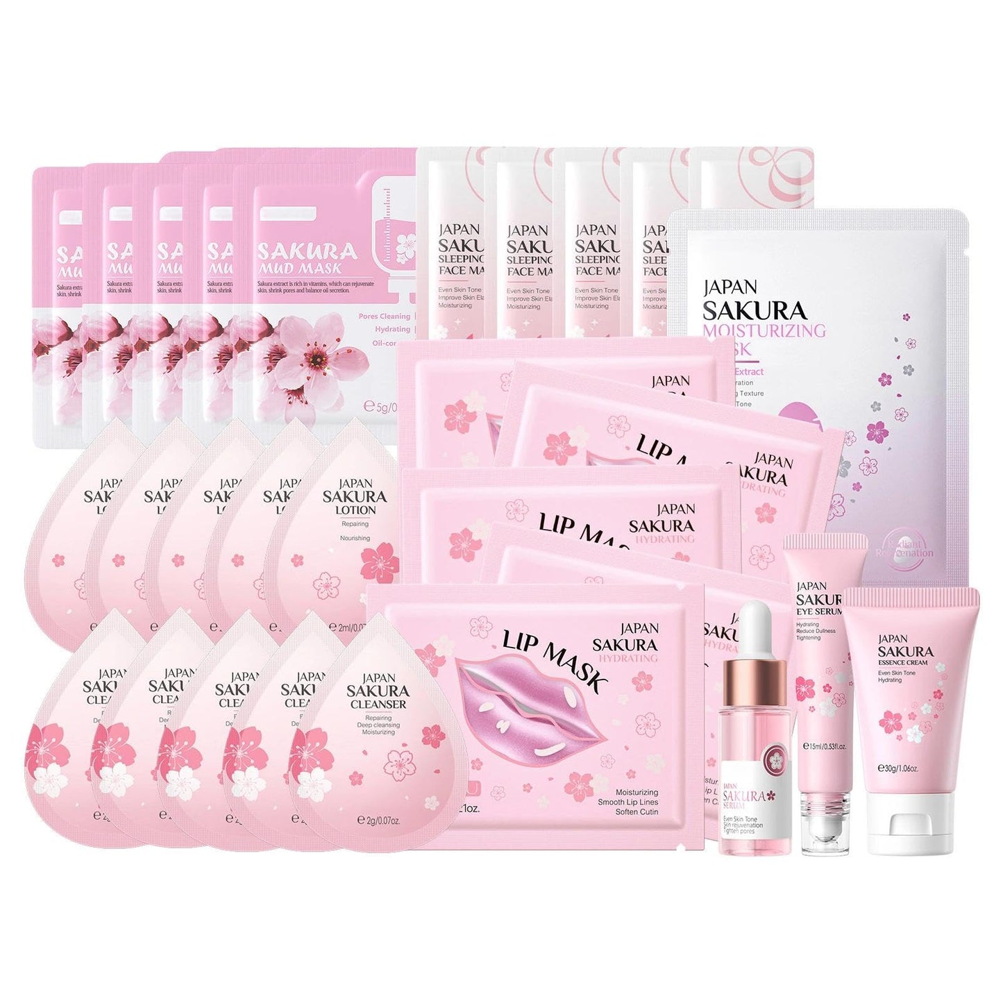 Maggikey Sakura Skincare Set For Women. Inspired By Japan, It Has Serum, Cleanser, Eye Cream, Cream, Plus Face And Lip Masks For Skin Tending