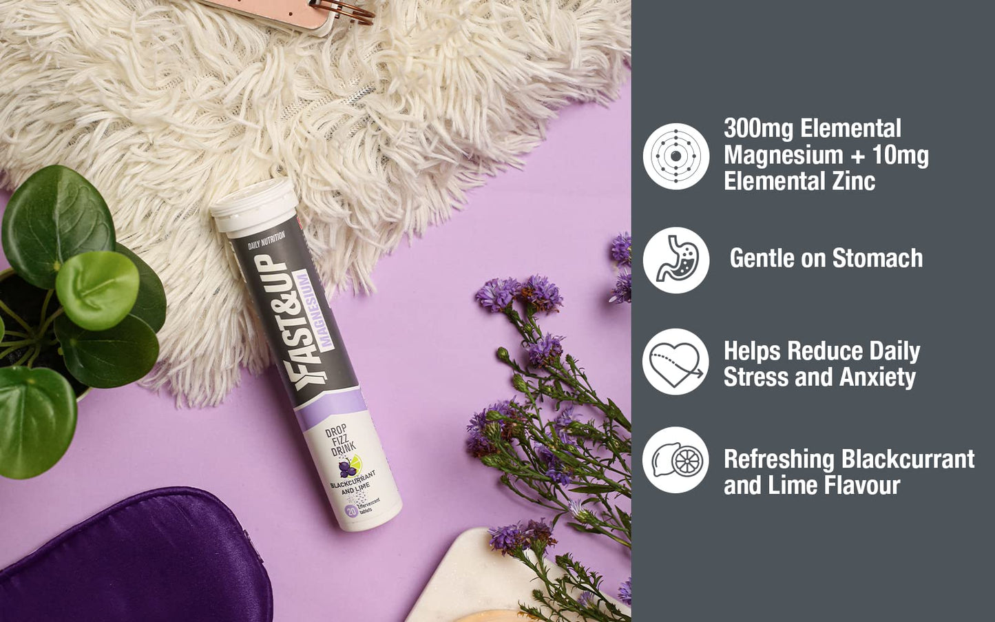 FAST&UP Fast&Up Magnesium - 300mg Magnesium & 10mg Zinc - Saver Multipack - 80 Tablets (4 x 20) - Tasty Blackcurrant & Lime Flavour