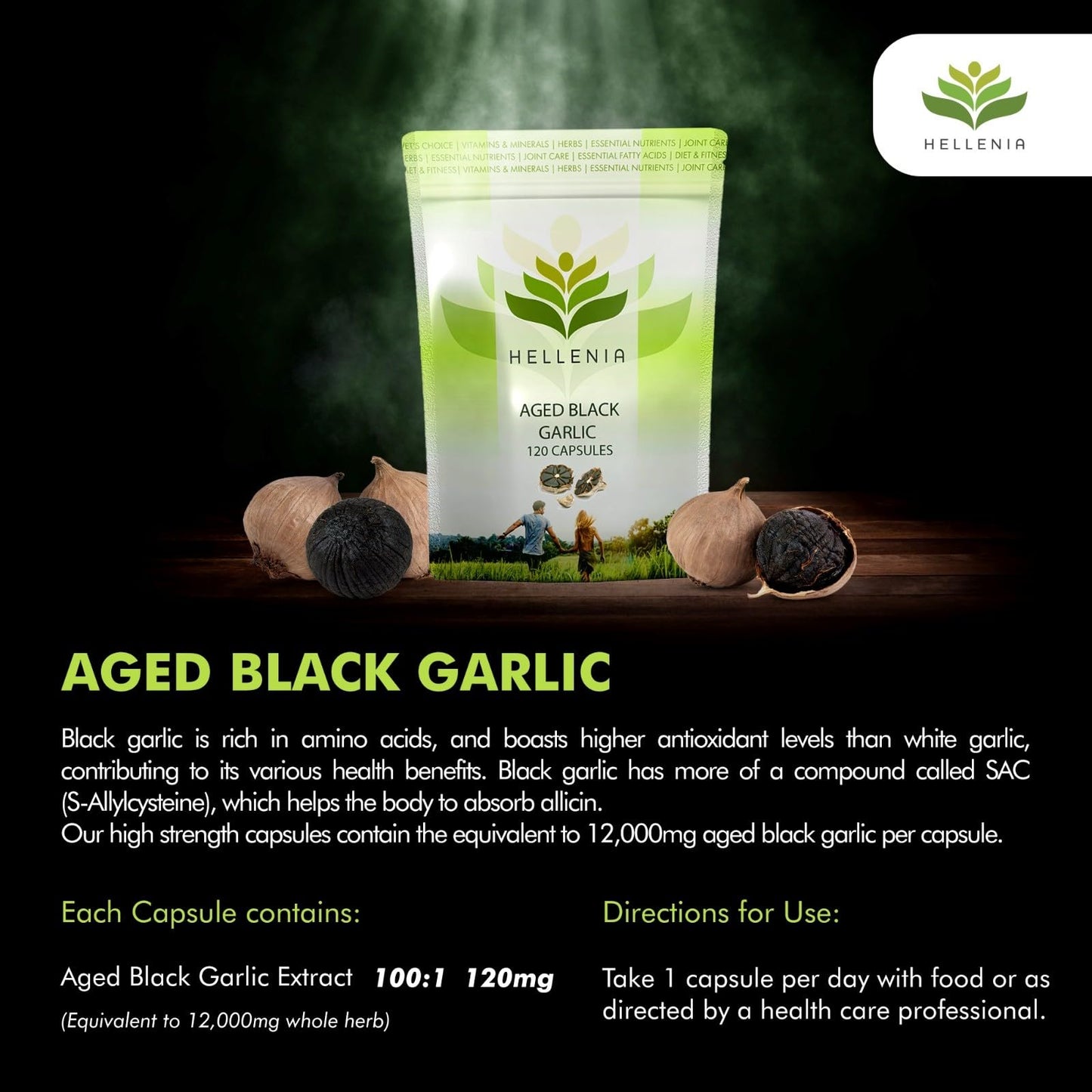 Hellenia Aged Garlic 12,000mg | 120 Capsules | Antioxidant and Cholesterol Support | Vegan and Gluten Free