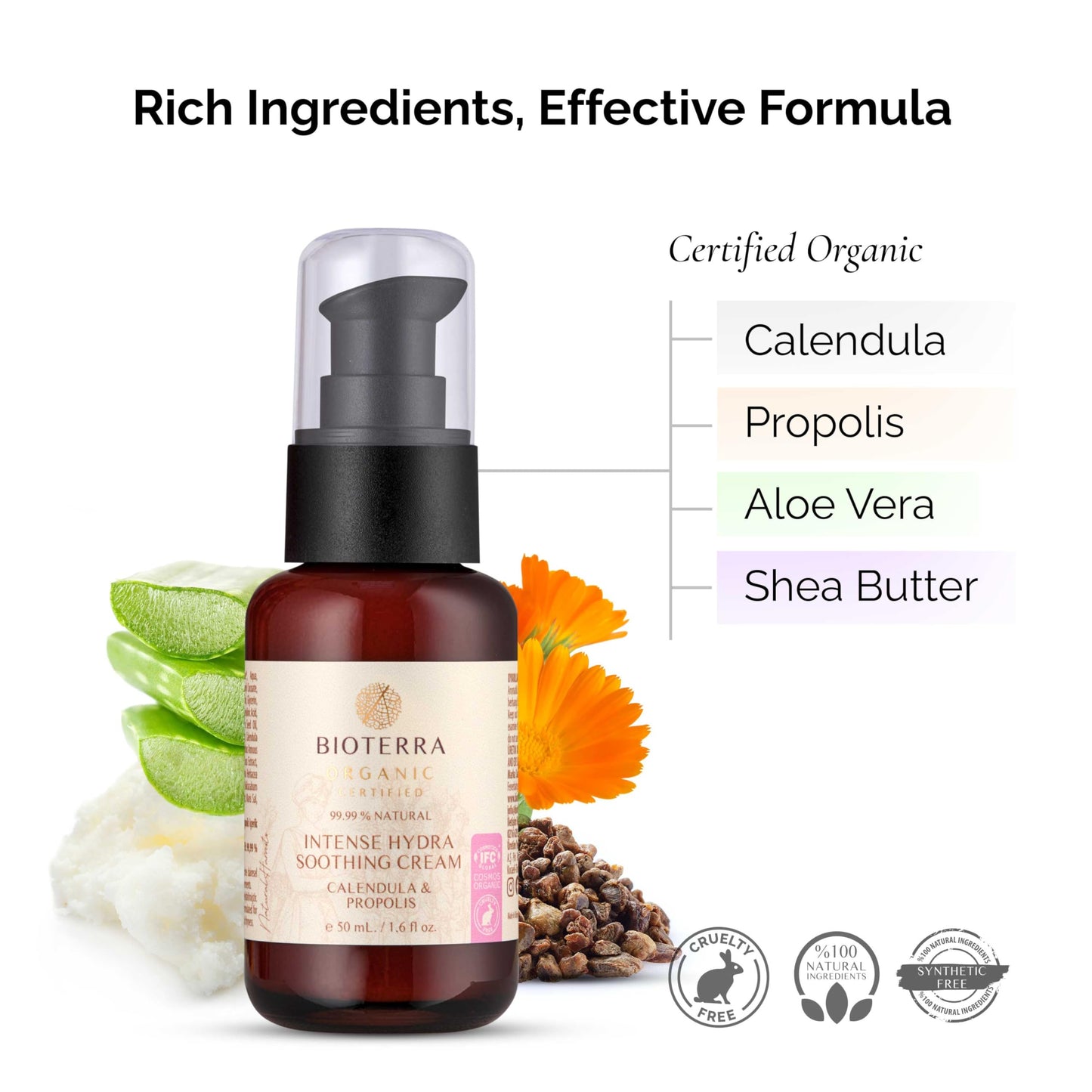 Bioterra Organic Intense Hydra Soothing Cream, with Calendula and Propolis, Natural Face Moisturiser, Antioxidants For Glowing Skin, 50 ml