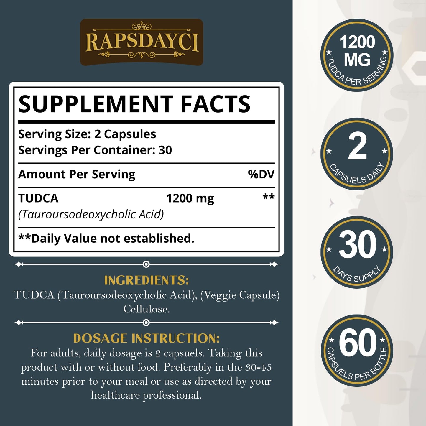 Rapsdayci Ultra Strength TUDCA (1200mg Per Serving), 120 Capsules - Tauroursodeoxycholic Acid, Liver Support Supplement, Enhances Proper Bile Production, Boosts Digestion and Immune System Support