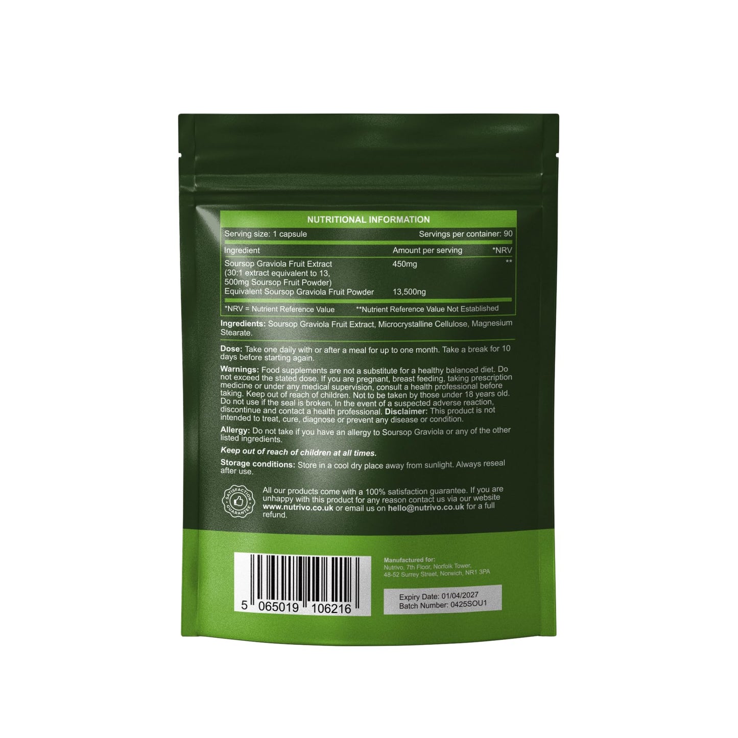 Soursop Graviola Capsules | 13,500mg Per Capsule | 90 Capsules Per Pouch - 3 Months Supply | One A Day | Good Alternative to Soursop Tea, Drops and Tincture | Vegan & UK Made