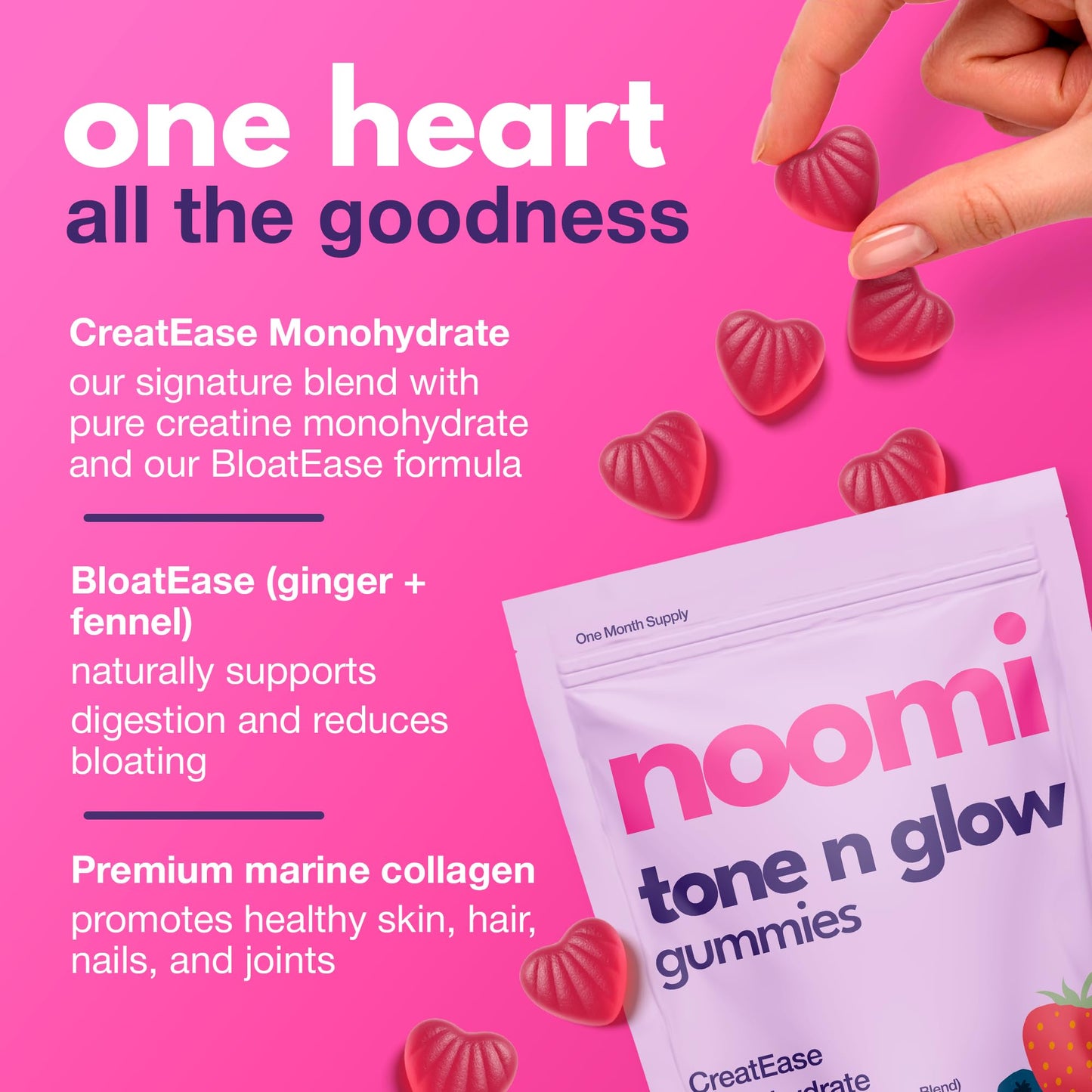 Creatine Gummies for Women with Collagen – Creatine Monohydrate + Collagen Gummies for Women – Pre Workout Chews for Glow, Strength & Focus – 1 Month Supply – Berry Flavour – noomi Tone n Glow