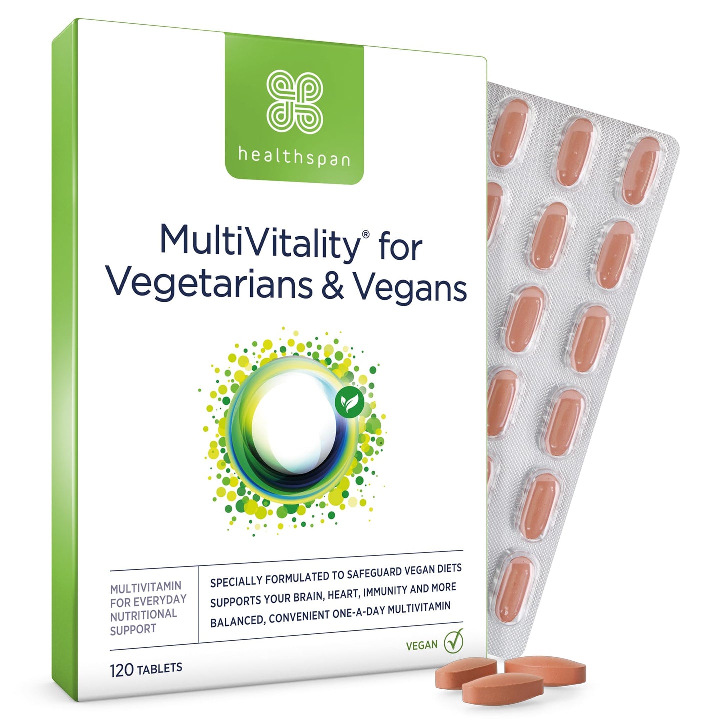 Healthspan Multivitamin for Vegetarians & Vegans (120 Tablets) | Promotes Immune Health and Energy Levels | Supports Bones, Teeth & Muscles | Includes Vitamins B12 & D, Calcium, Iron & Zinc | Vegan