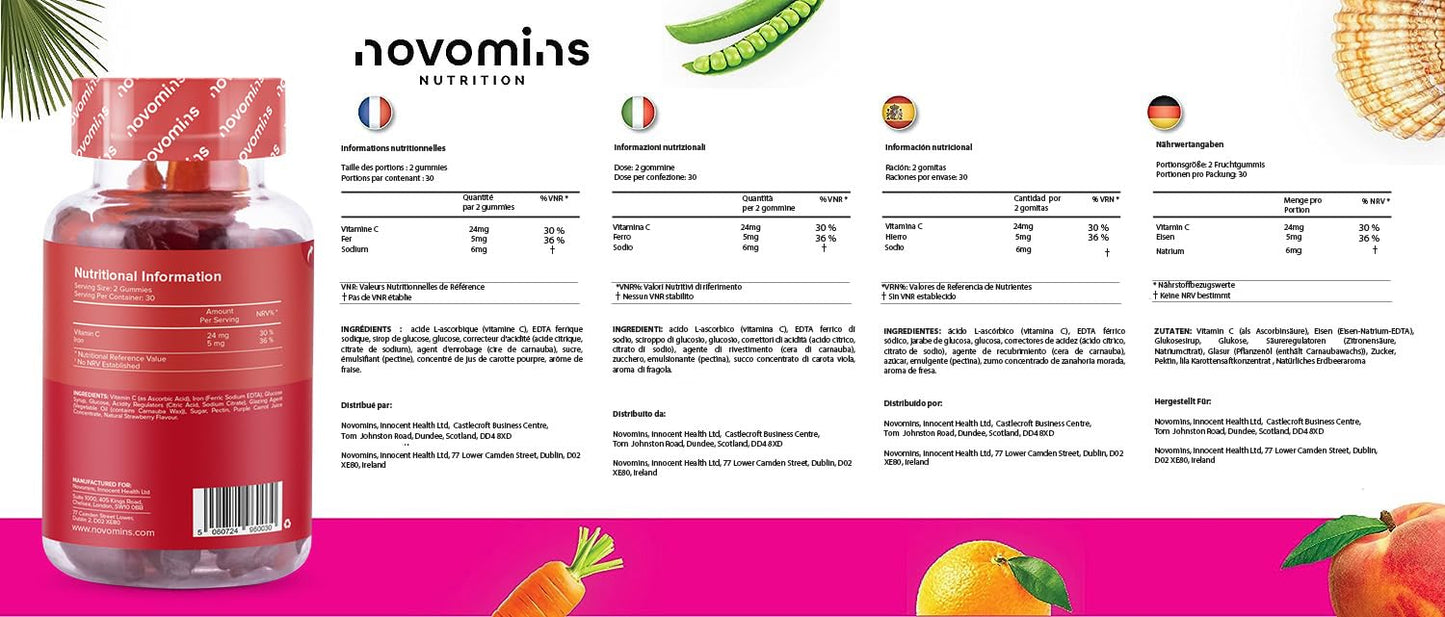 novomins Iron Gummies – Vitamin C - High Strength Iron Supplement for Women and Men – Vegan – 1 Month Supply – Chewable Iron Gummies - Immunity & Energy Supplements for Adults - Made by Novomins