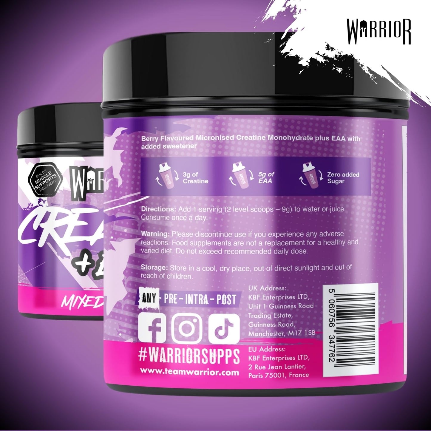 Warrior Creatine Monohydrate Plus EAA – 30 Servings Muscle Recovery & Support Formula with Performance Supplement Essential Amino Acid Powder Pre and Post Workout 270g Mixed Berry Flavour