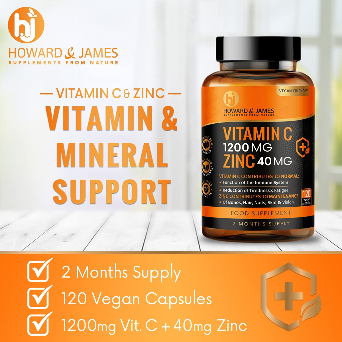 Vitamin C 1200mg and Zinc 40mg per Daily Serving - 120 High Strength Vegan Capsules with Ascorbic Acid - 2 Month Supply - Made in The UK by Howard & James