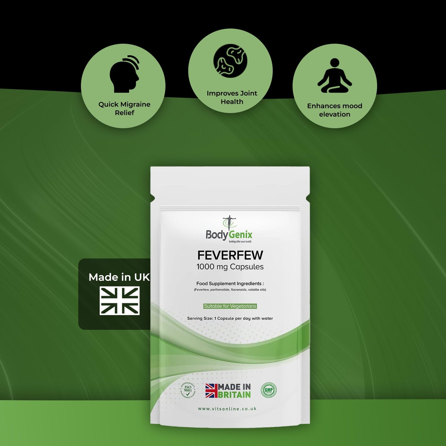 Bodygenix Feverfew 1000mg Vegan Tablets Supplements – with Anti-inflammatory Properties – Support Healthy Joints Health, Supports Mood and Migraine Headache (60)