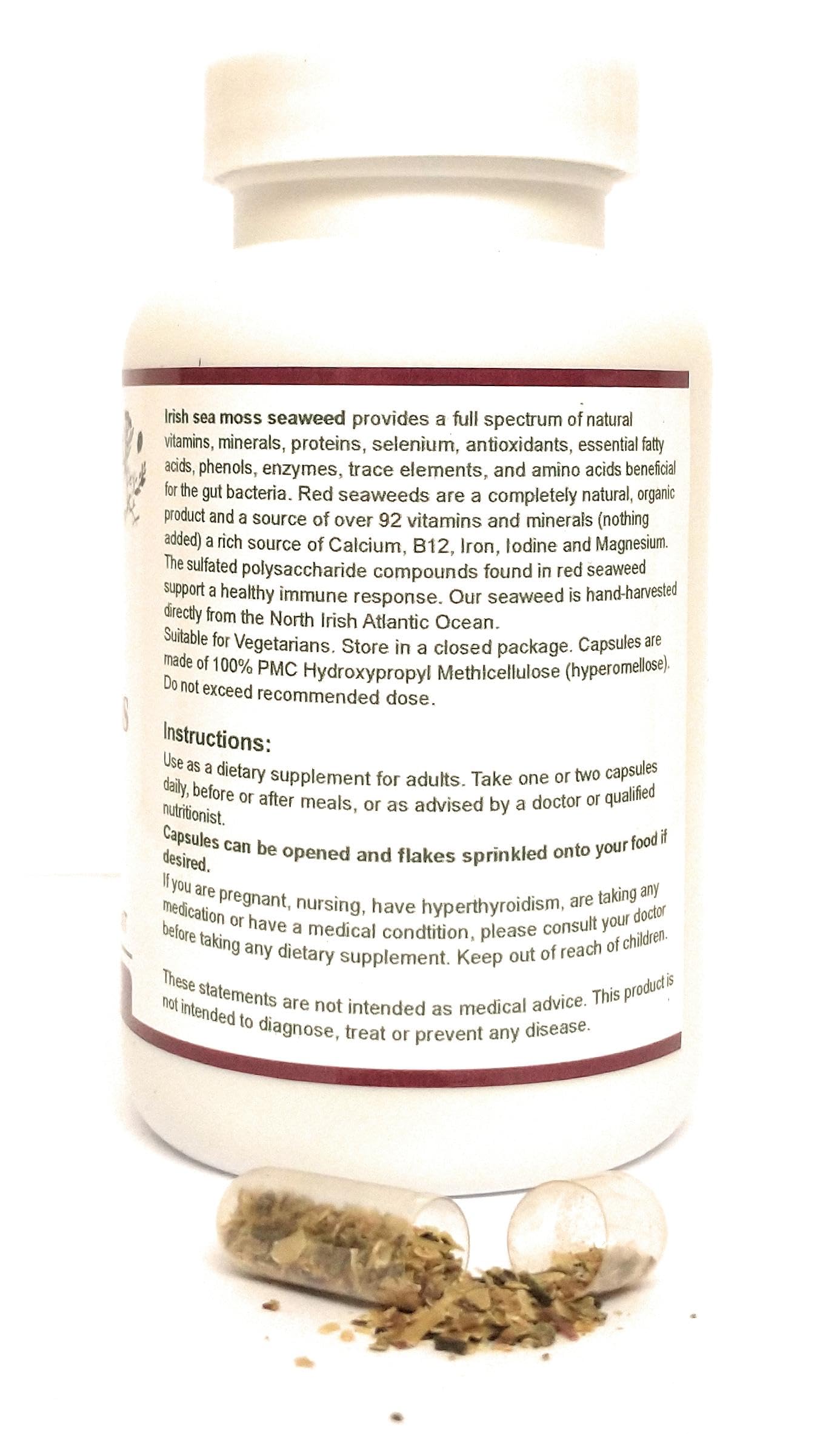 Irish Sea Moss Seaweed Capsules (chrondrus crispus) Certified Organic Harvested in The North Atlantic Coast of Ireland
