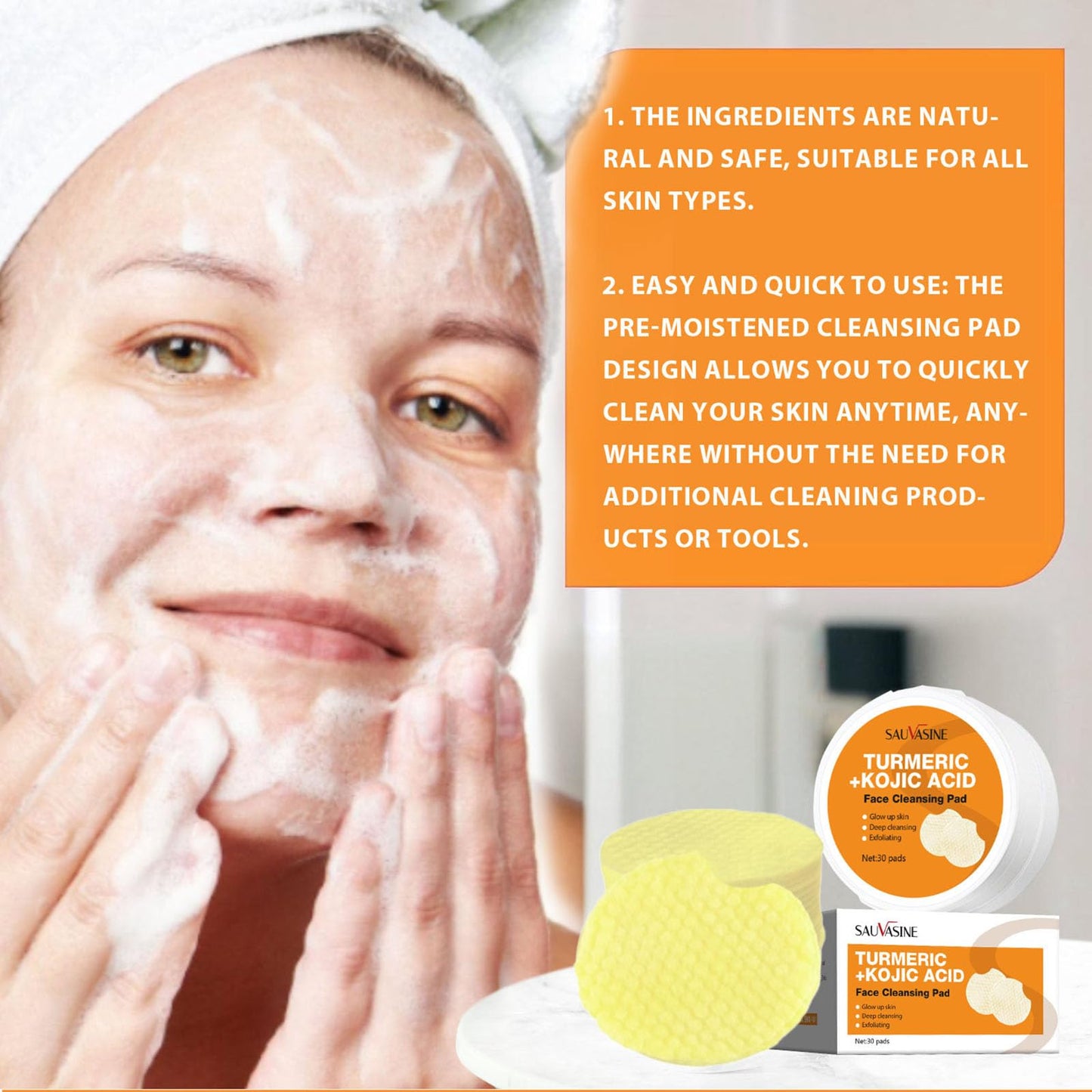 Turmeric Kojic Acid Pads - 30 Pads Kojic Acid and Turmeric Pads - Turmeric Face Pads for Dark Spot - Exfoliating Cleansing Pads for Face & Body - Turmeric Pads for Even Skin Tone, Pore Cleansing