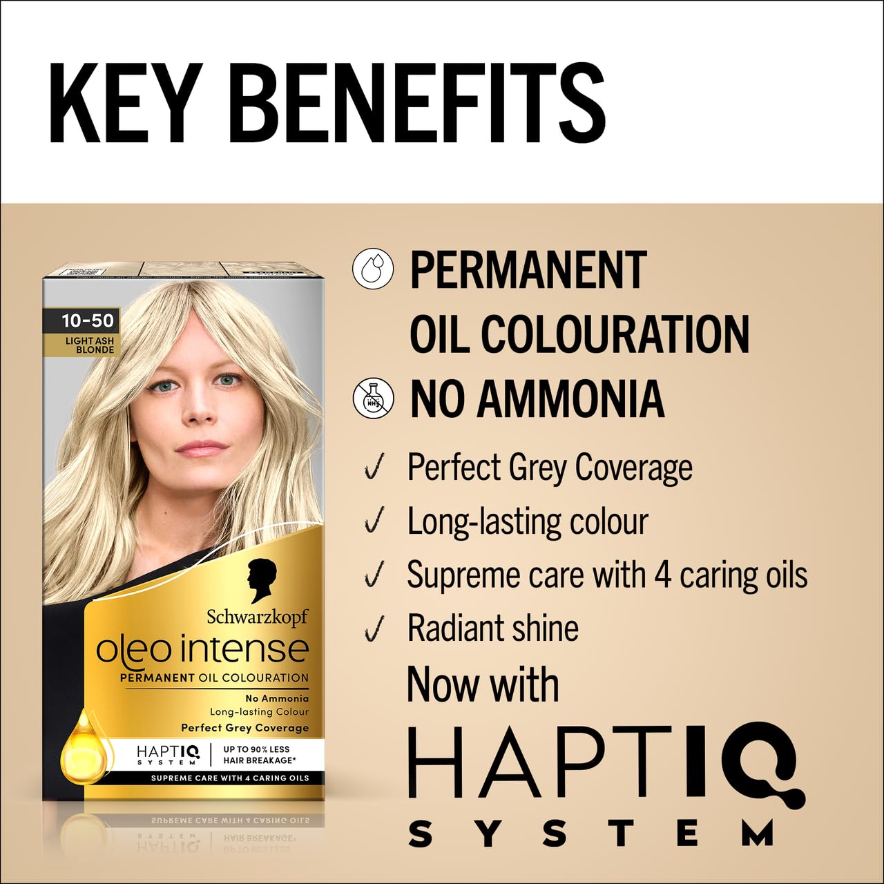 Schwarzkopf Oleo Intense Permanent Oil Colour 10-50 Light Ash Blonde Hair Dye, Perfect Grey Coverage, Conditioner with HaptIQ System, Long-Lasting Colour, Ammonia Free Hair Dye