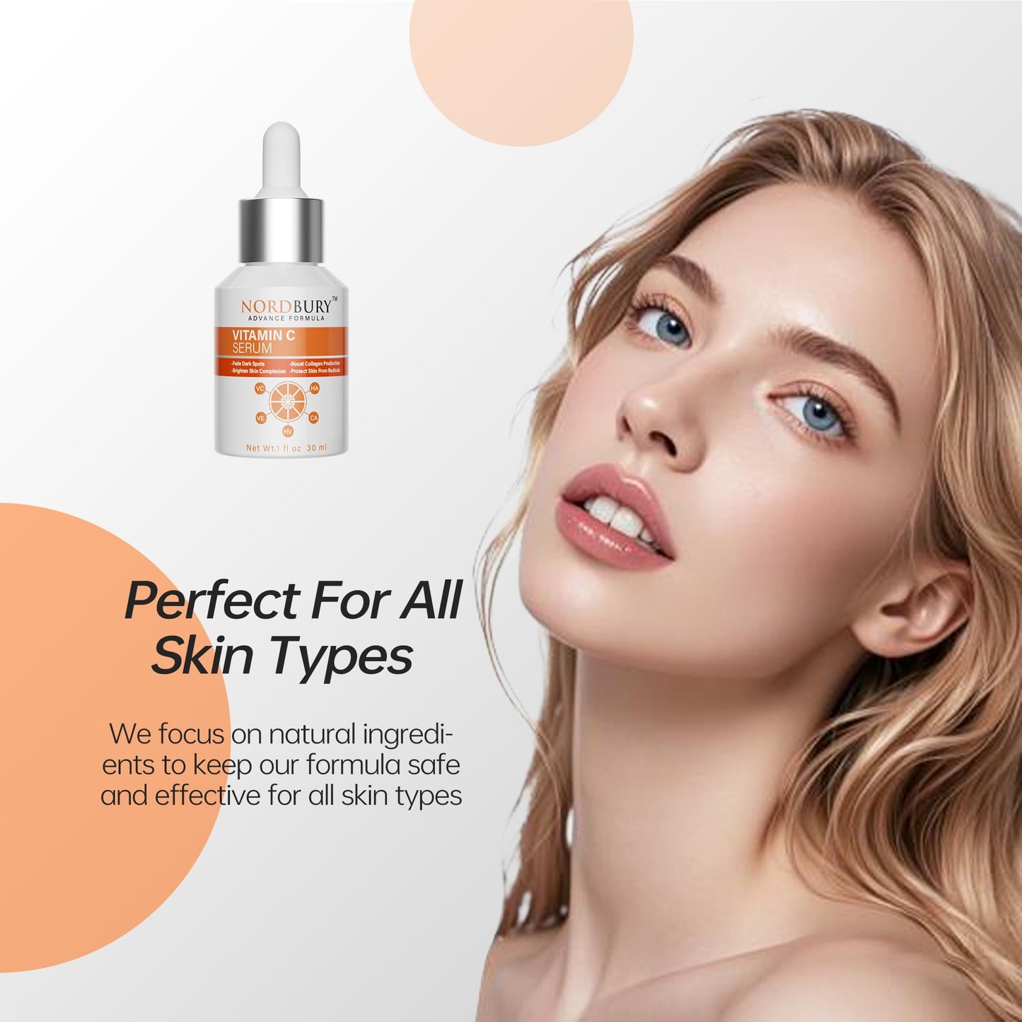 NORDBURY Nordbury Vitamin C Serum, Pure 20% Vitamin C with Vitamin E & Hyaluronic Acid for Face Day & Night, Brighten Skin Complexion Boost Collagen Production Fade Dark Spots Protects Skin from Radicals