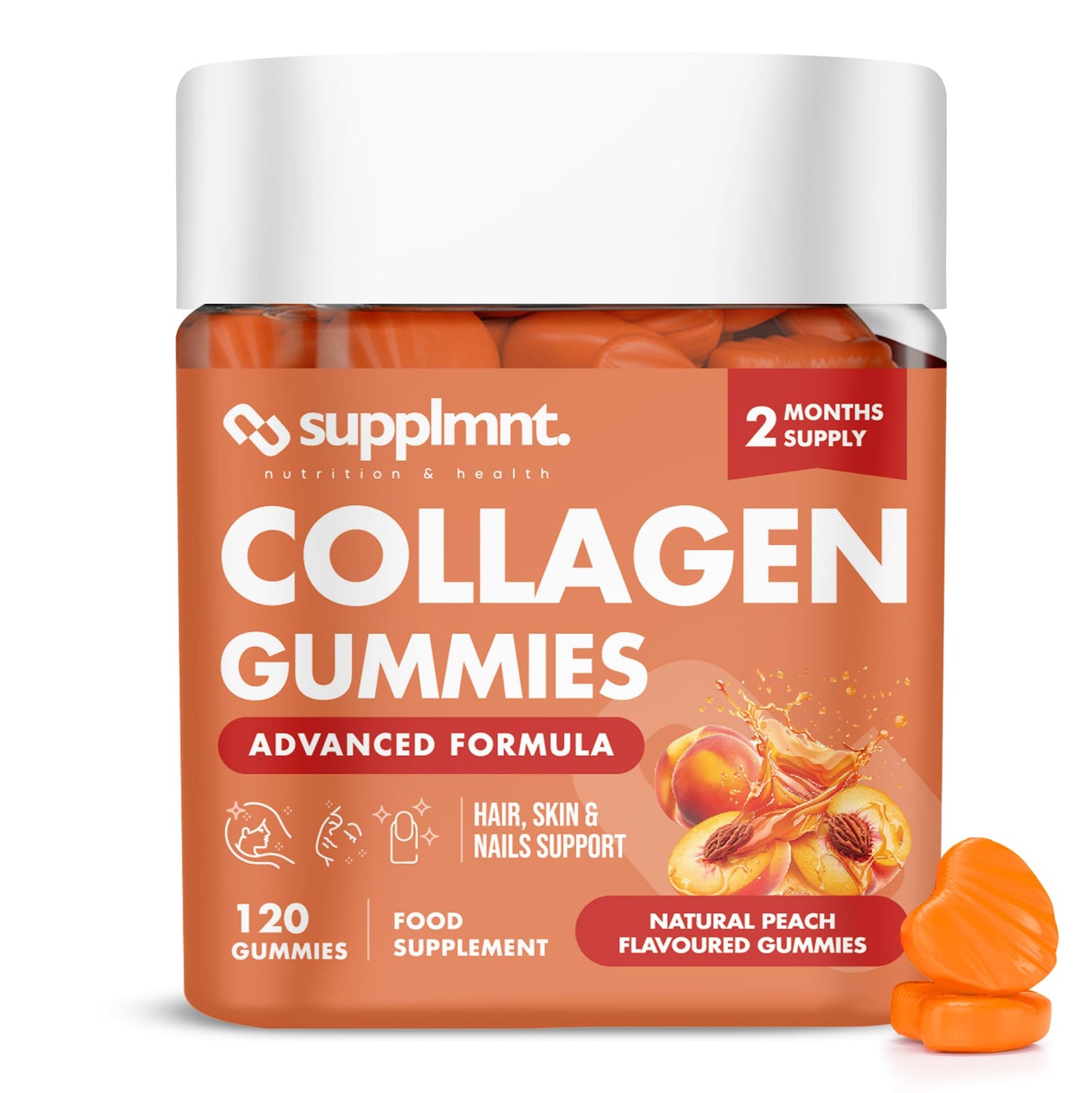 supplmnt. Marine Collagen Gummies - Hydrolysed Collagen Peptides with Biotin, Hyaluronic Acid & Vitamin C - Collagen Supplements for Women and Men - 120 Gummies. Collagen for Skin, Hair & Nails 2 Months Supply