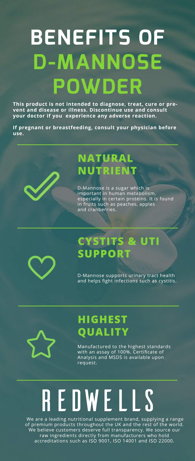 REDWELLS 250g Pure D-Mannose Powder for Cystitis & Urinary Tract Infections GMO Free Vegan