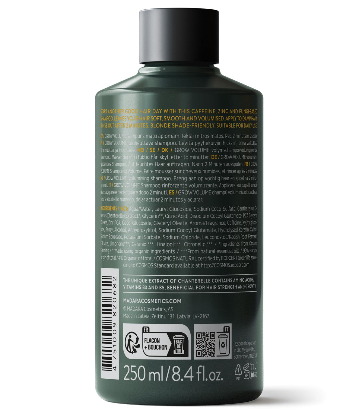 MÁDARA Organic Skincare | Grow Volume Shampoo – 250ml, With caffeine, biotin (B7) and niacin (B3), Fungi-based natural hair growth shampoo for fine, thinning hair, COSMOS natural certified